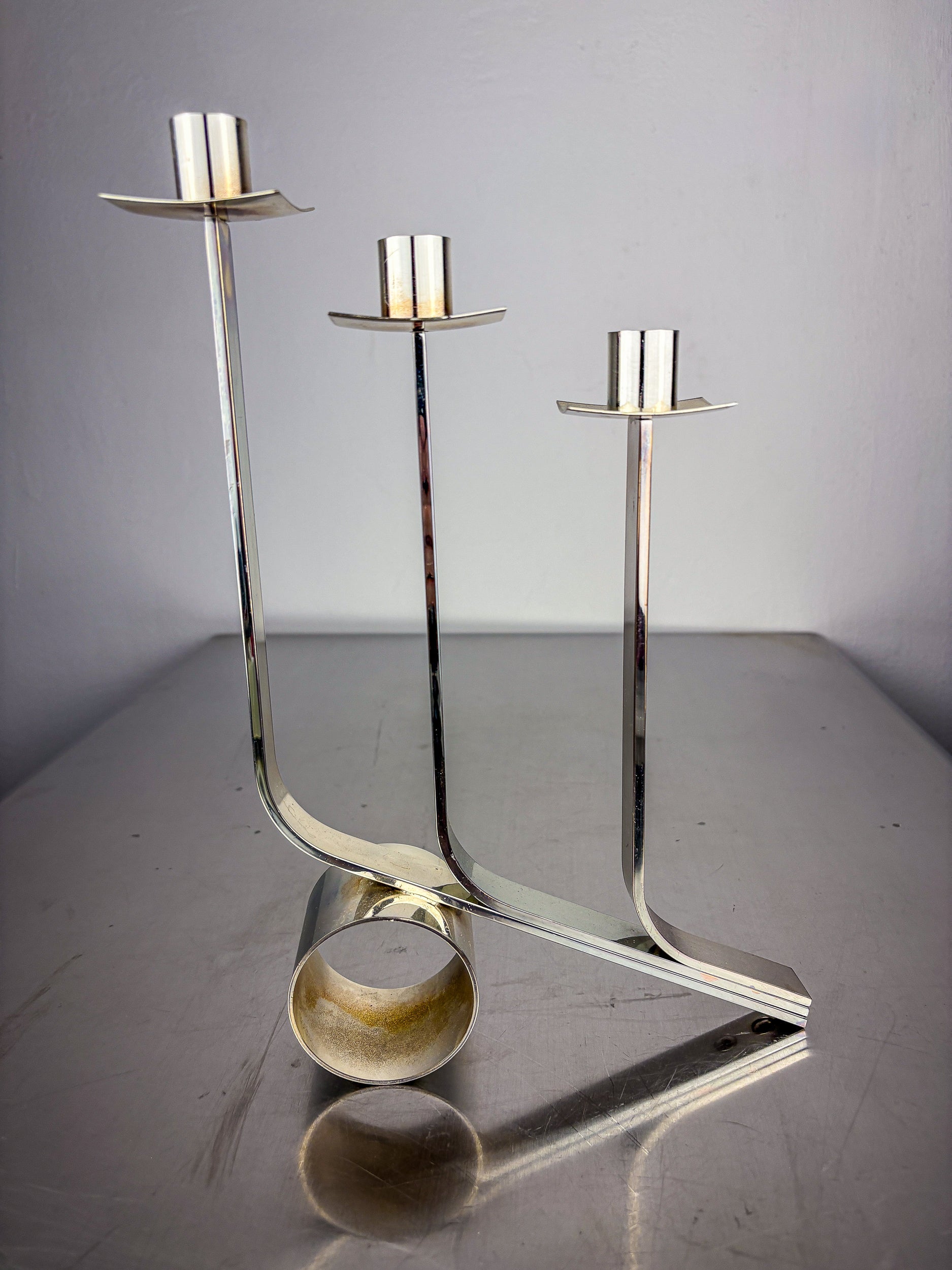 Art Deco 3-Flame Candelabra in Stainless Steel, France — side angle