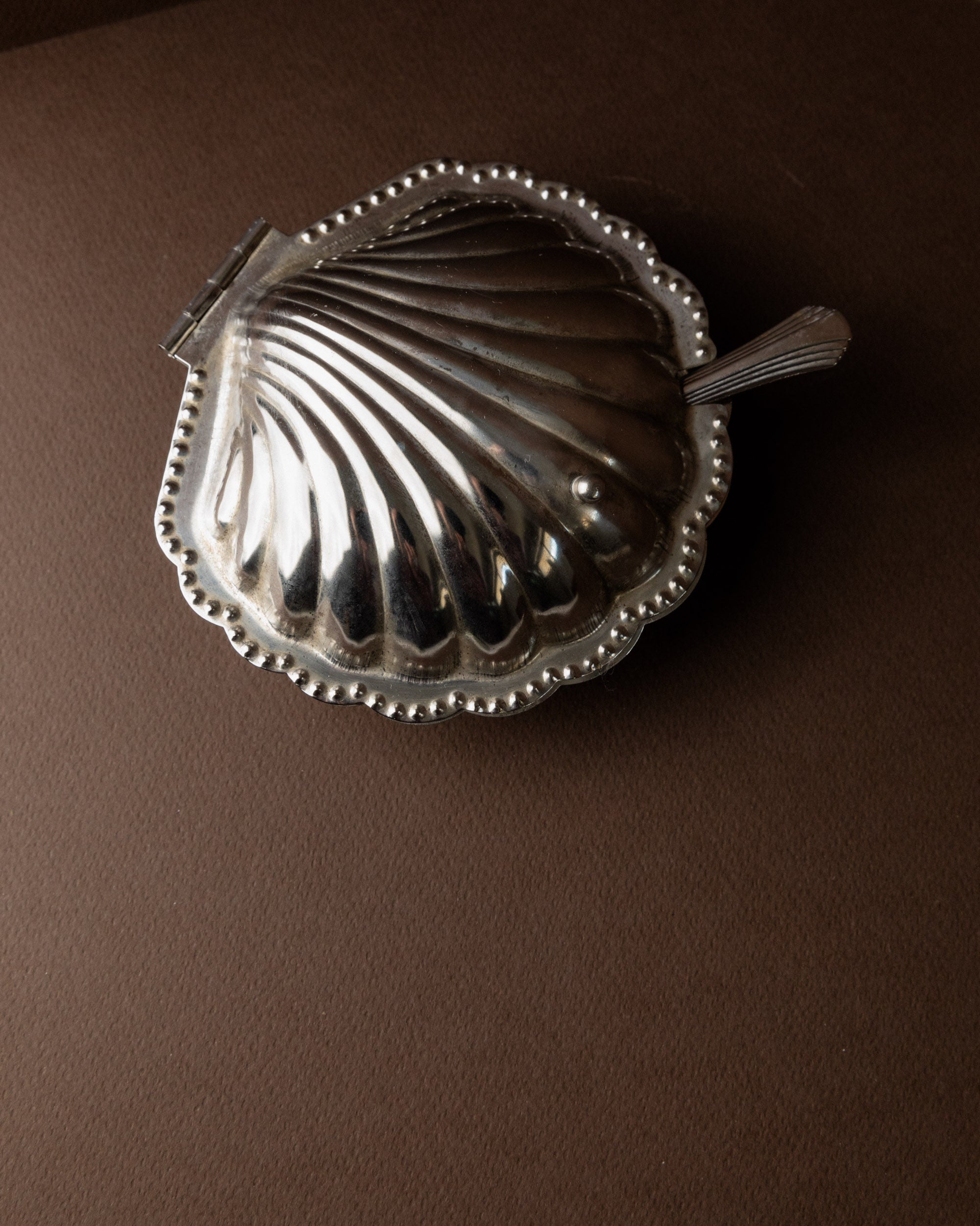 Shell-Shaped Sugar Bowl, Italy 1960s — top view on brown surface