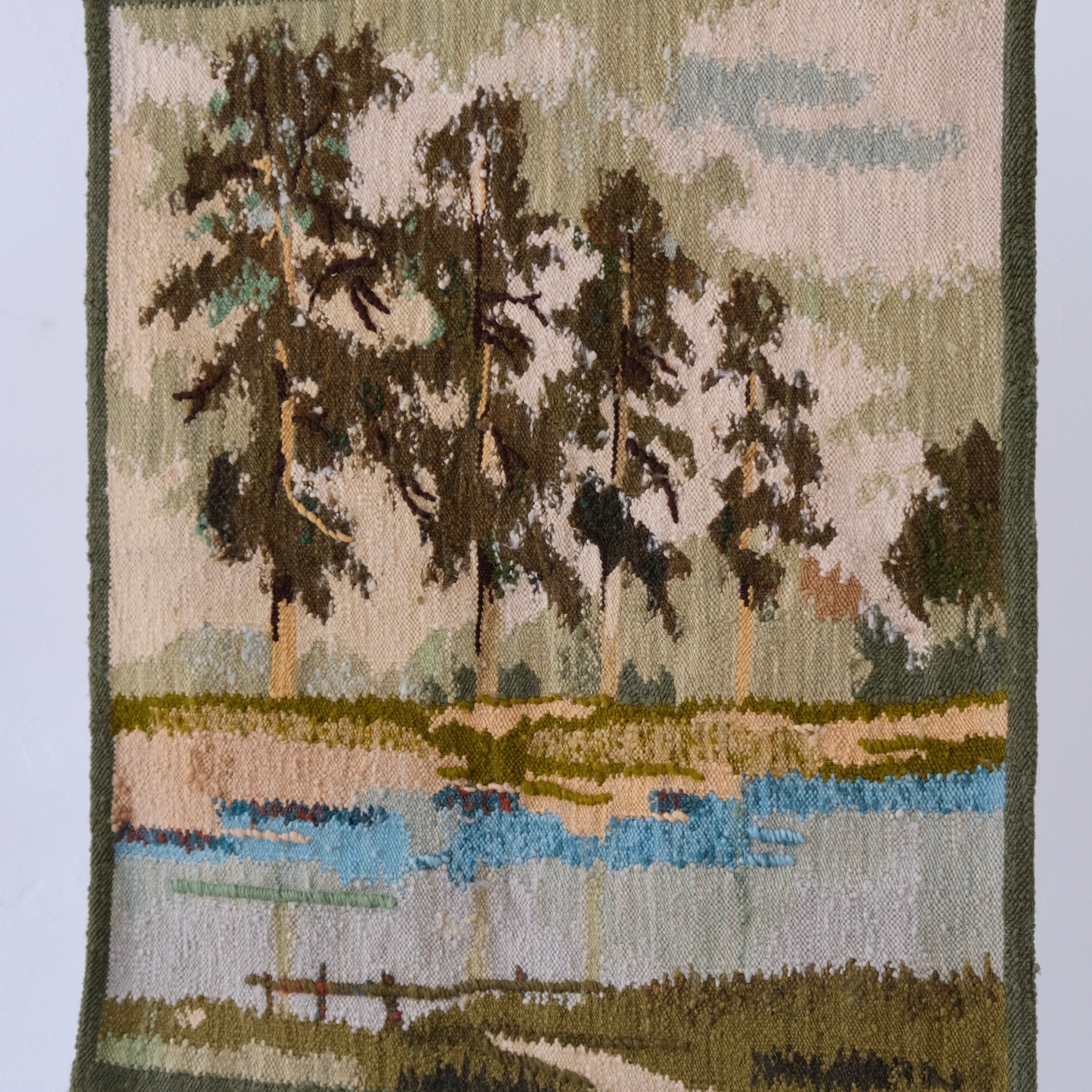 Mid-Century Landscape Wool Wall Tapestry, Poland — detailed view of trees and water