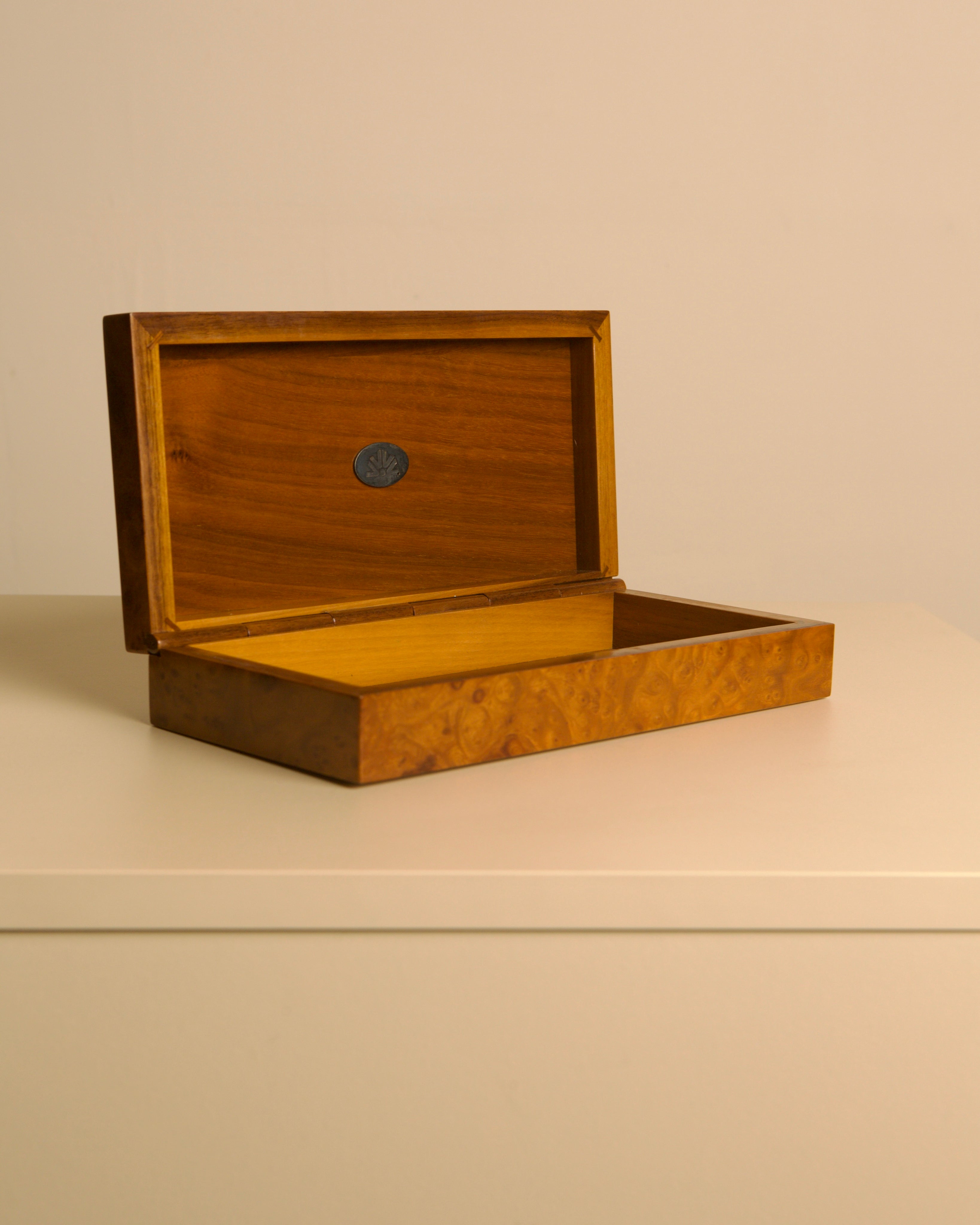 Italian Rectangular Burr Elm and Silver Box, 60s — open view highlighting wood grain detail