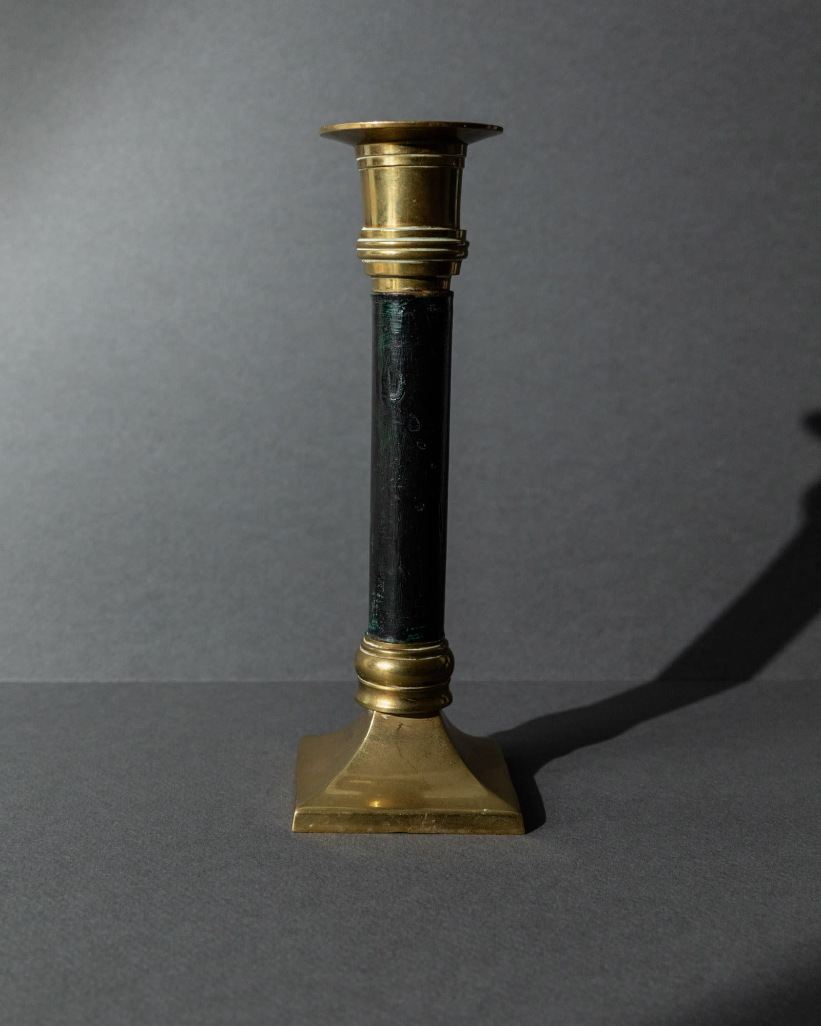 Vintage 1940s Brass Candleholders Set of 3, Mixed Shapes, Classic Antique Design — back view highlighting brass and green acc