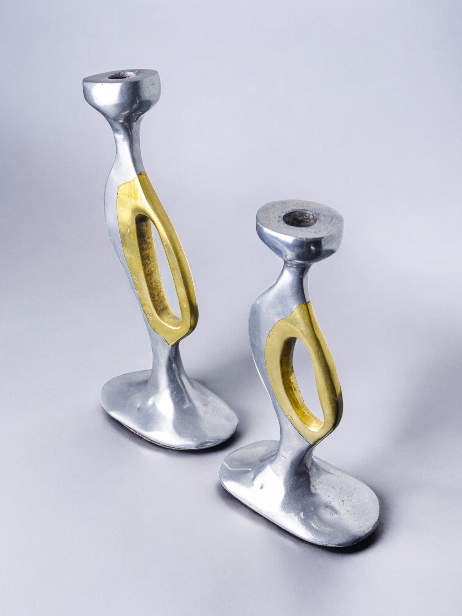 Brutalist Candle Holders by Léopold Spain, 1970 — angled view highlighting metal finish and design