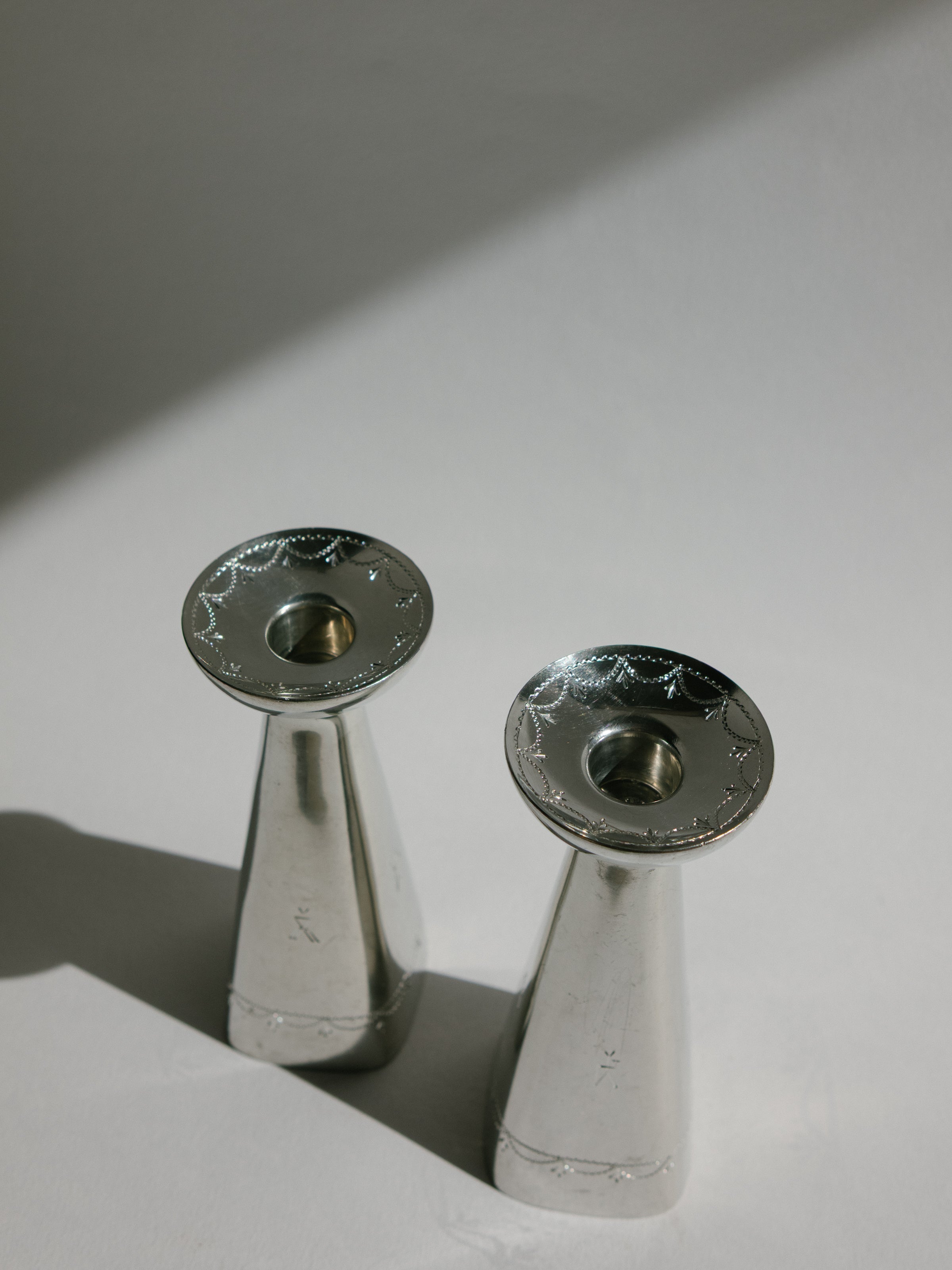 Charming Pair of Pewter Candlesticks by Brødrene Mylius - Norway c. 1960s — detail view