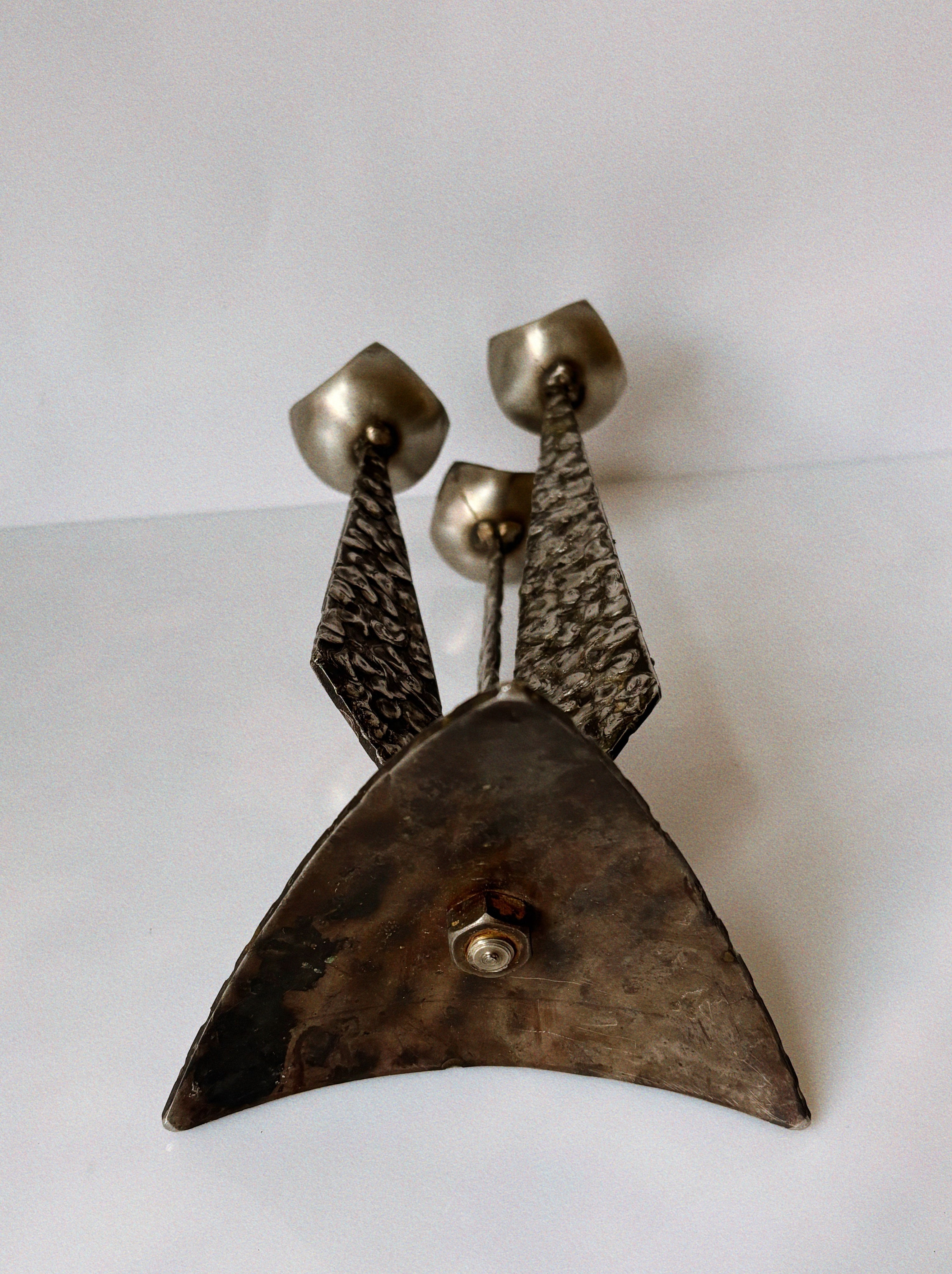 Brutalist Steel 3 Arm Metal Candlestick, Poland Mid Century — angled view highlighting textured steel arms