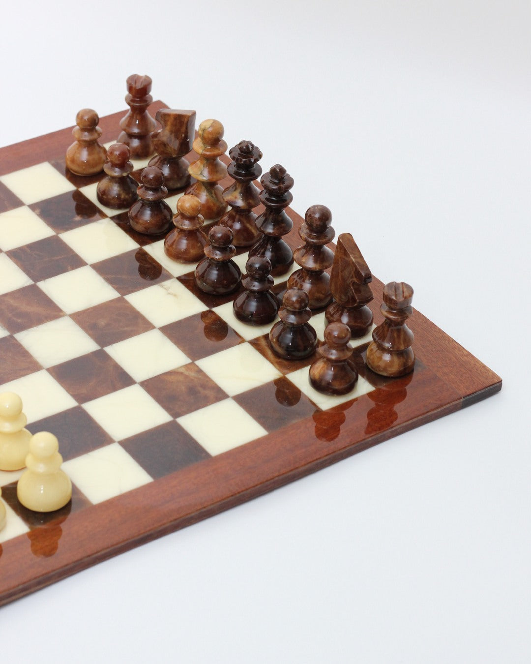 Marble Chess — back view of handcrafted wooden board with pieces