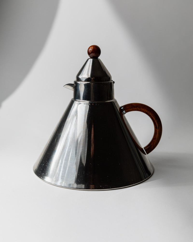 Vintage 1980s Stainless Steel Kettle by Bottega Jacobs | The Oblist — geometric design, brown handle