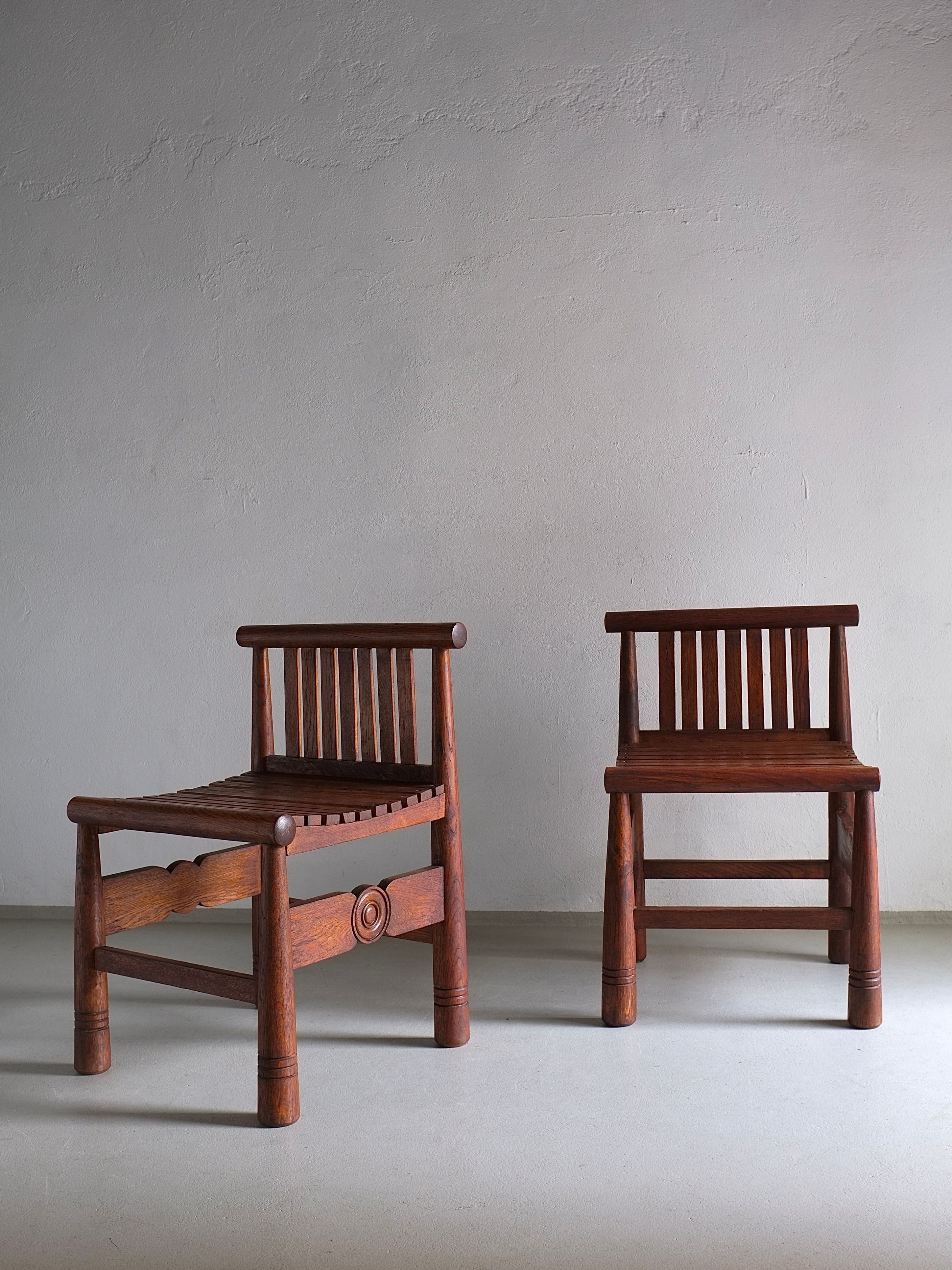 Carved Oak Low Back Chair | France | 1960s — side angle