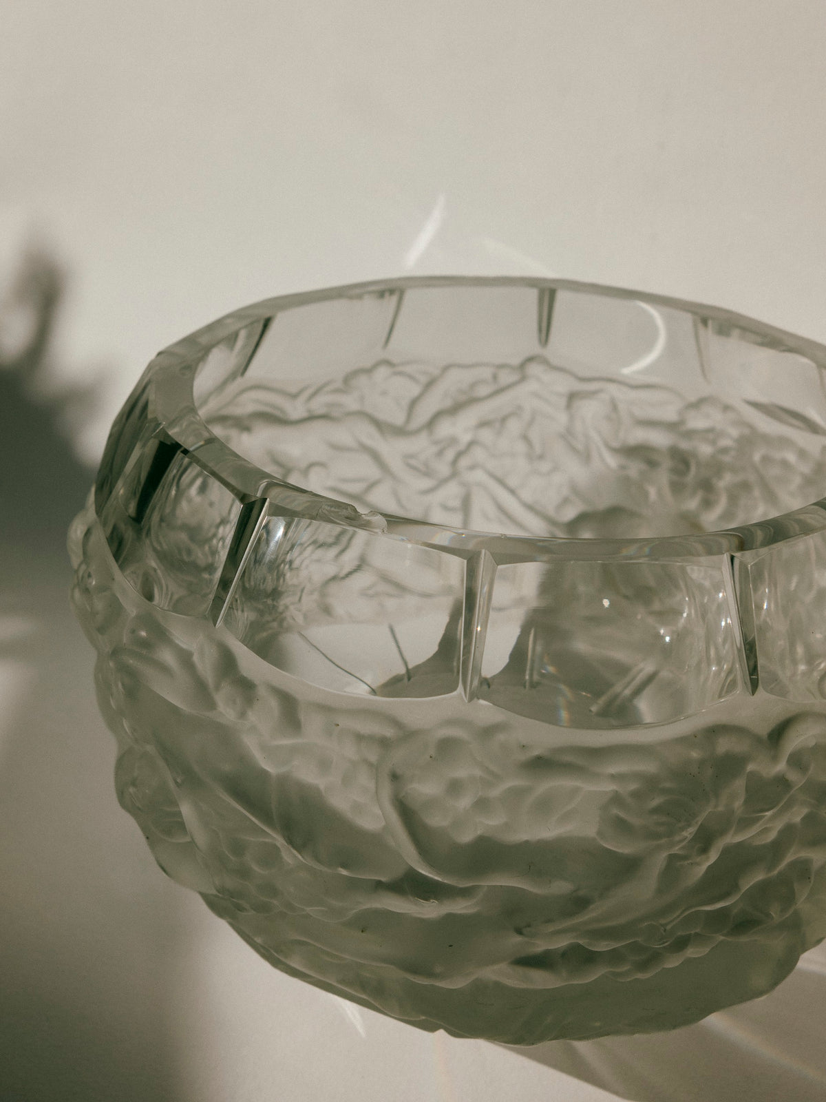 “Bacchus” Crystal Globe Vase with Grapes & Nymphs in Relief | Attr. René Lalique — close-up