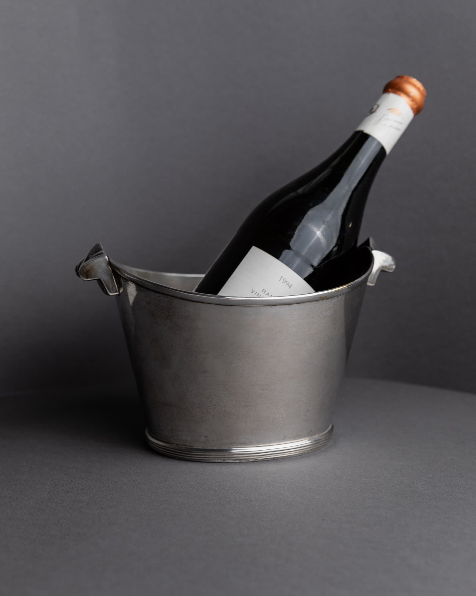 Vintage 1940s Silver Plated Champagne Cooler, Classic Form for Wine or Drinks — side angle with wine bottle inside