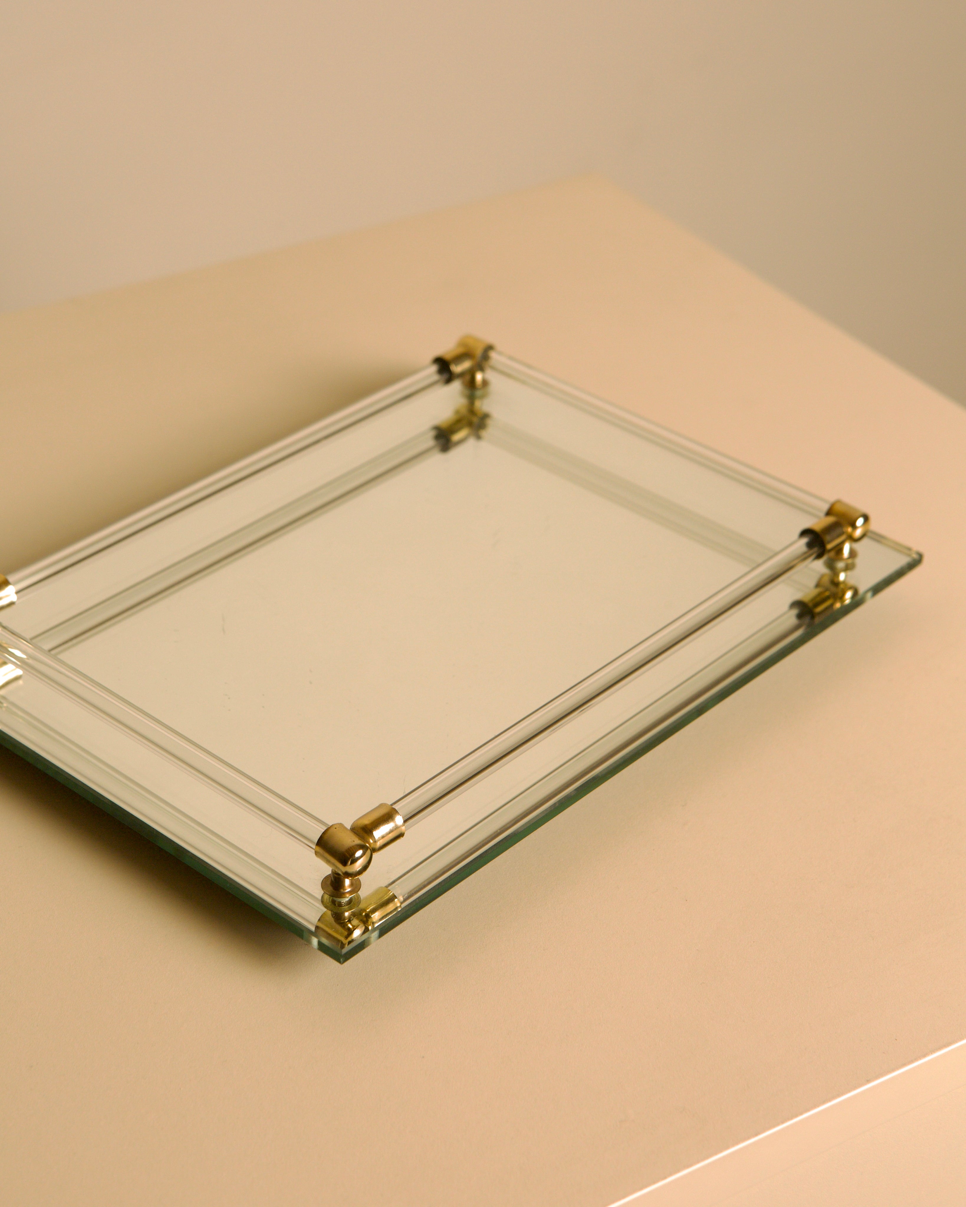 Italian mirror glass, lucite & brass tray, 1970s — alternate view