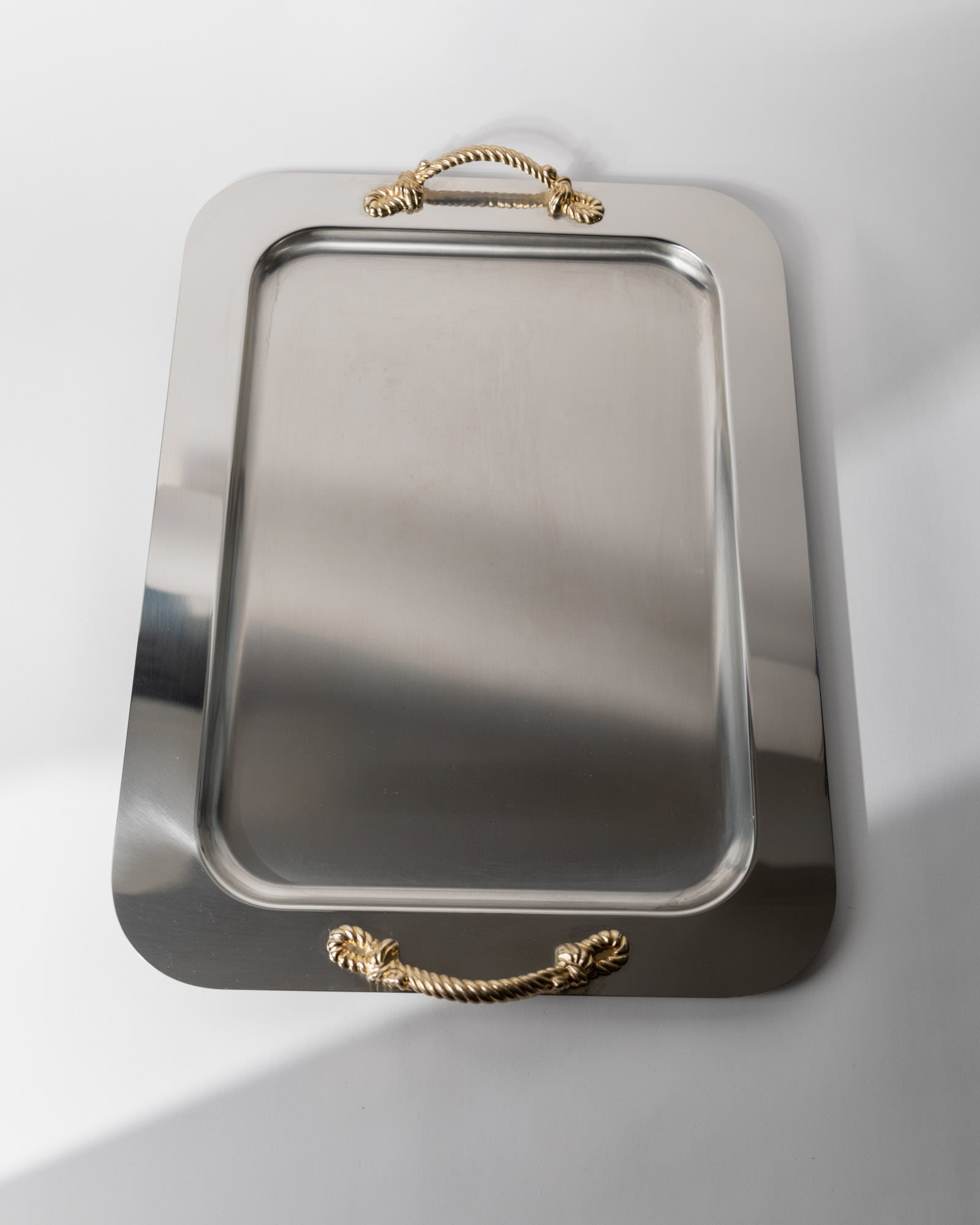 1980s Stainless Steel Tray, Gold Rope Handles by Inoxpran, Italy
