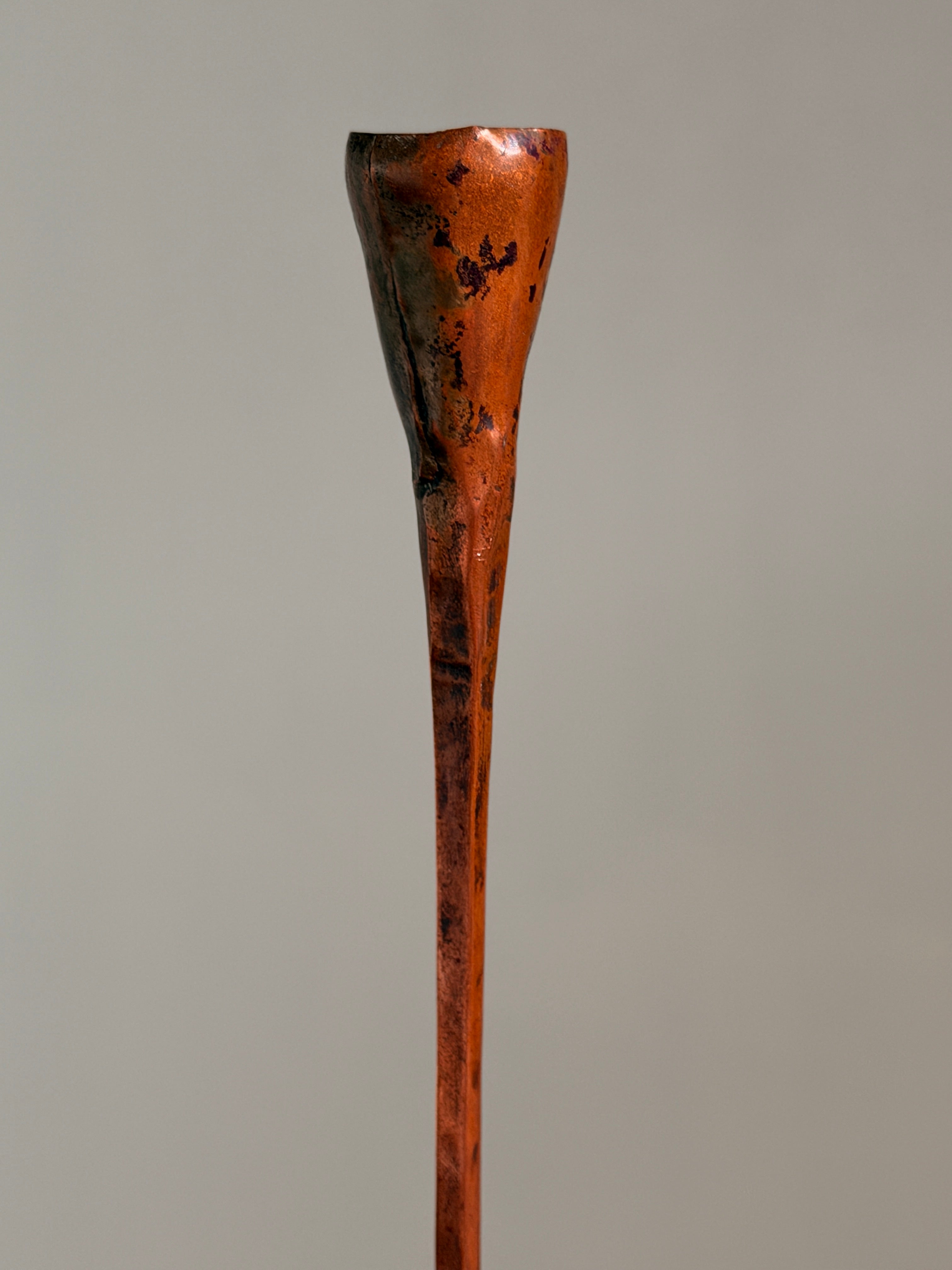 Sculptural brutalist candlestick in copper, in the style of the Marolles workshop, circa 1 — side angle