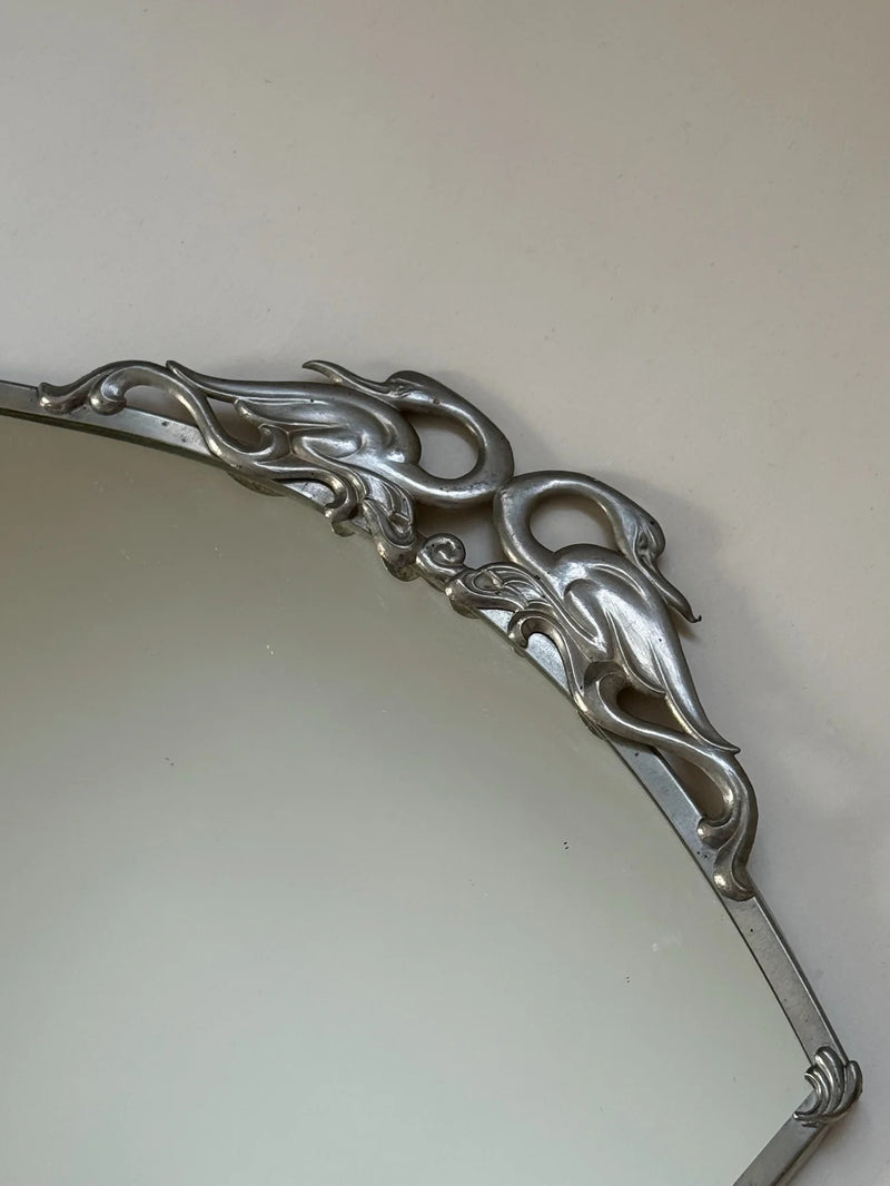 Swedish Grace Pewter Mirror with Swan Motif, 1930s — close-up of swan motif detail