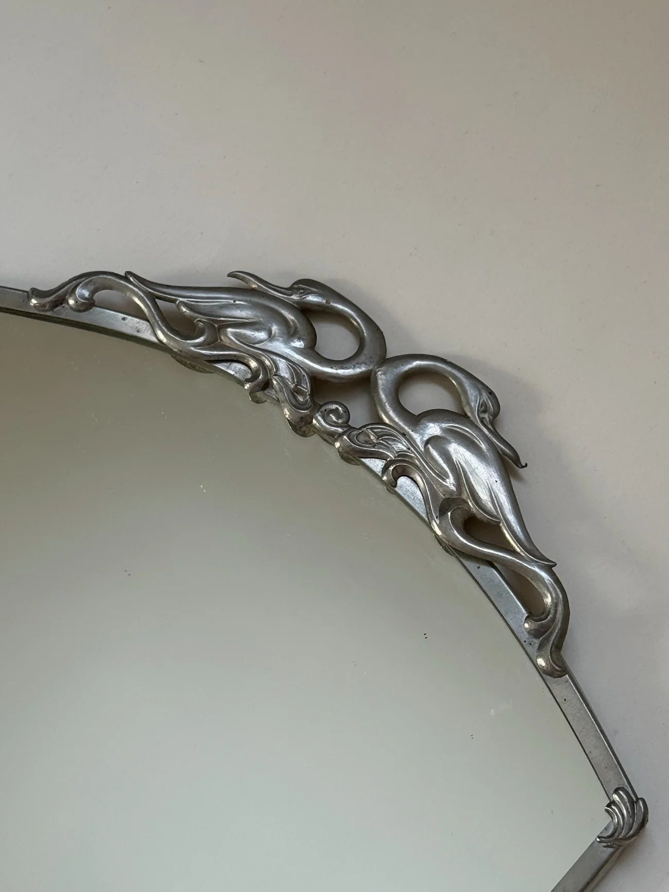Swedish Grace Pewter Mirror with Swan Motif, 1930s — close-up of swan motif detail