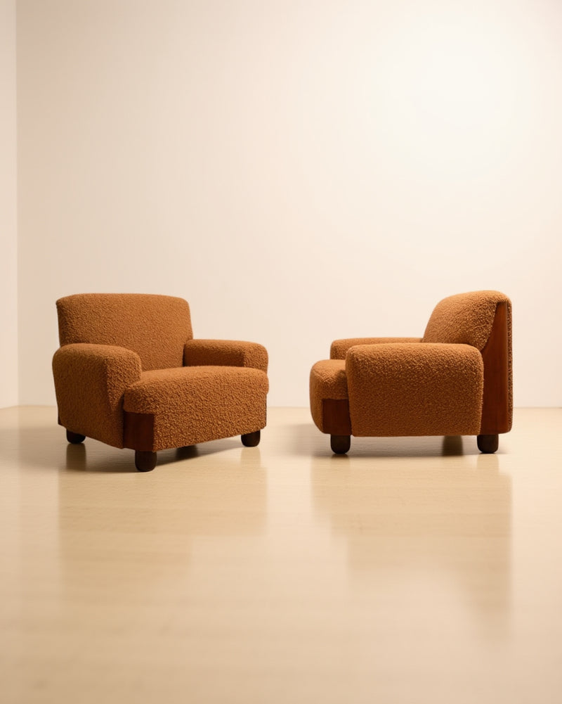 Italian armchairs wood & bouclé - 1970s by Galerie Vauvart | The Oblist
