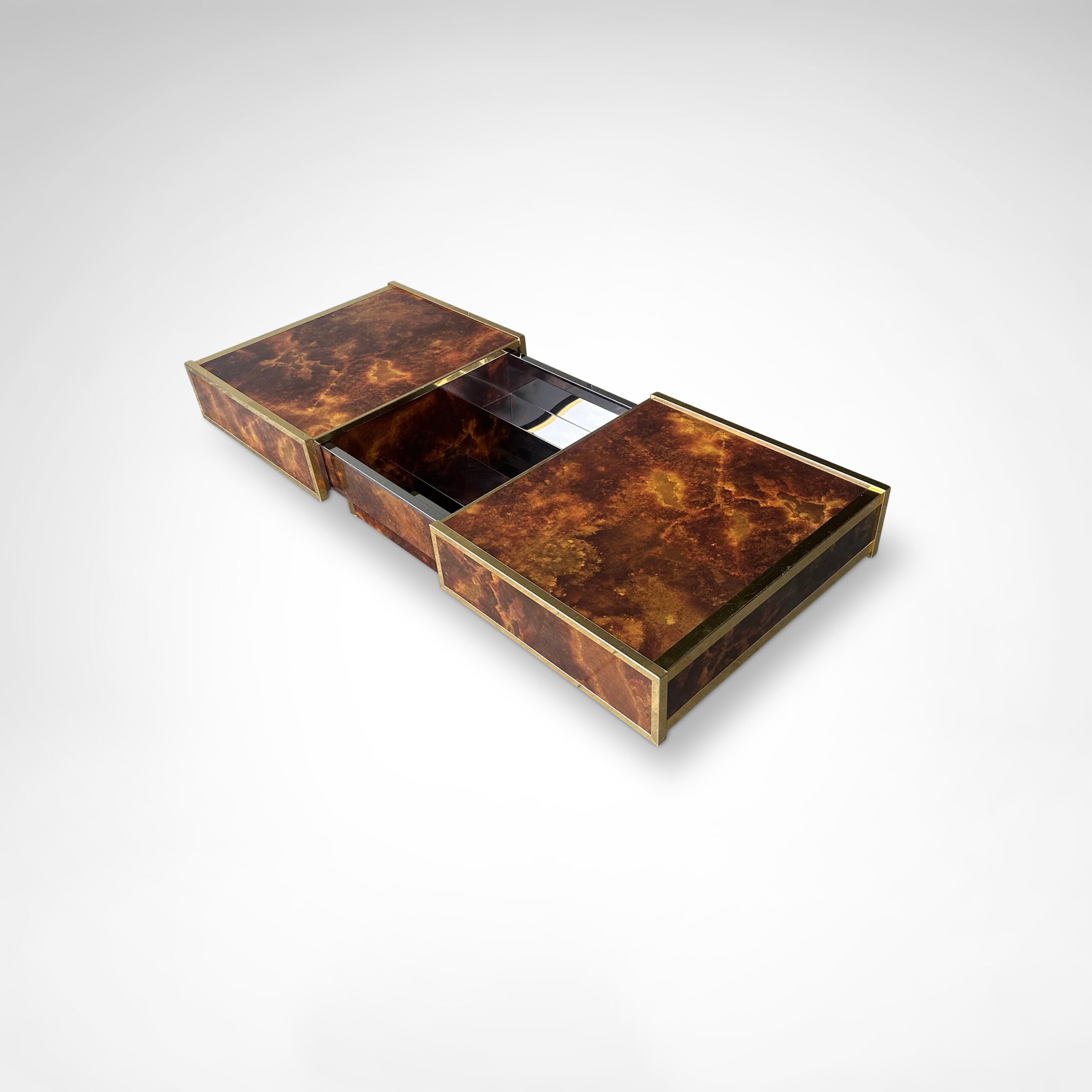 Burl Wood and Brass Coffee Table with Integrated Bar by Maison Lancel — in context