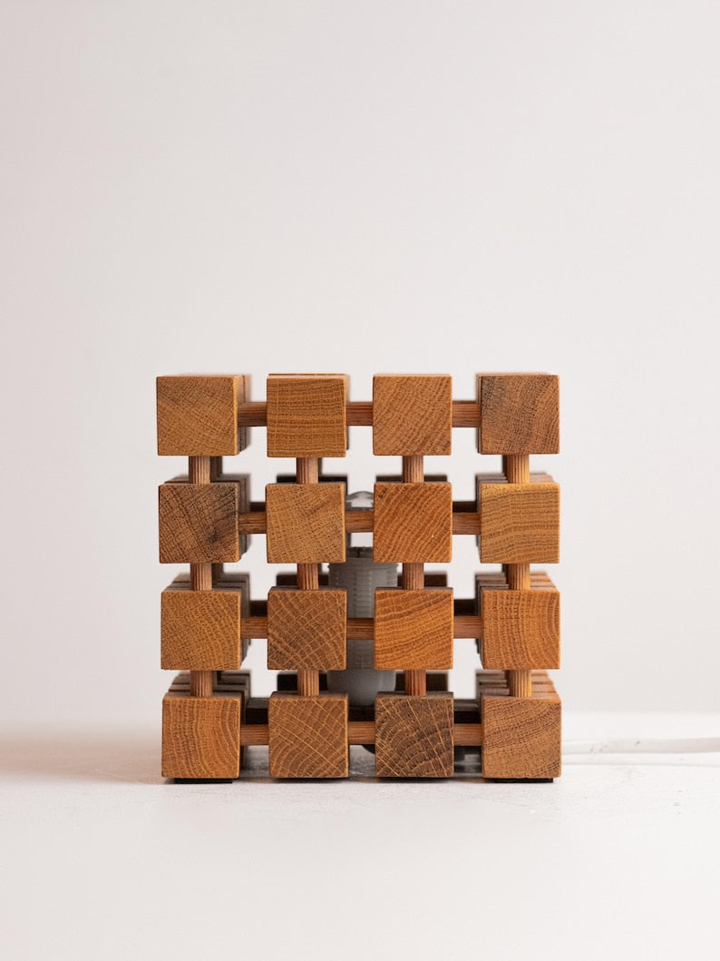 Vintage Sculptural Wooden Cube Table Lamp — detail view