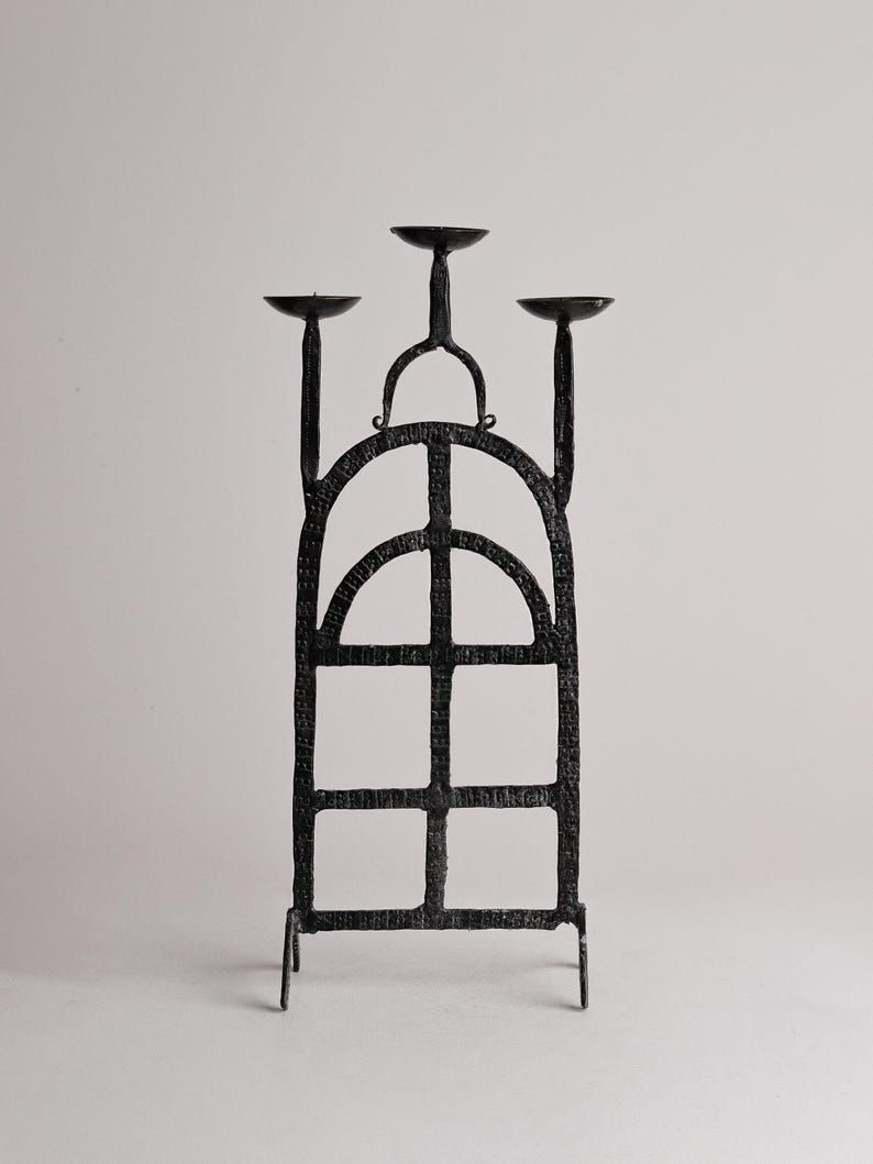 Vintage Brutalist Wrought Iron Candlestick Gothic Arch Grid Candle Holder — side angle