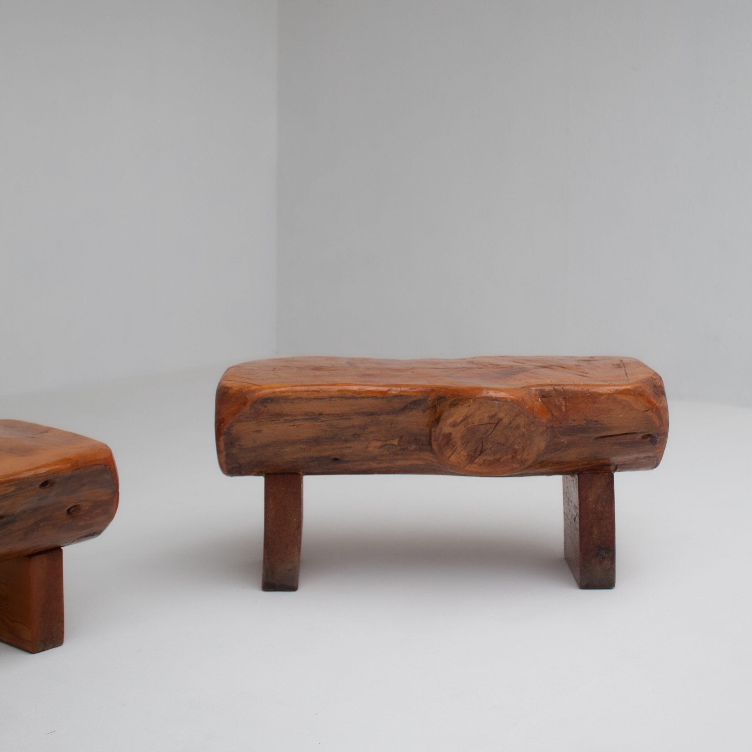 Pair of Rustic Wooden Sculptural Benches in Solid Wood — side angle showing natural wood grain