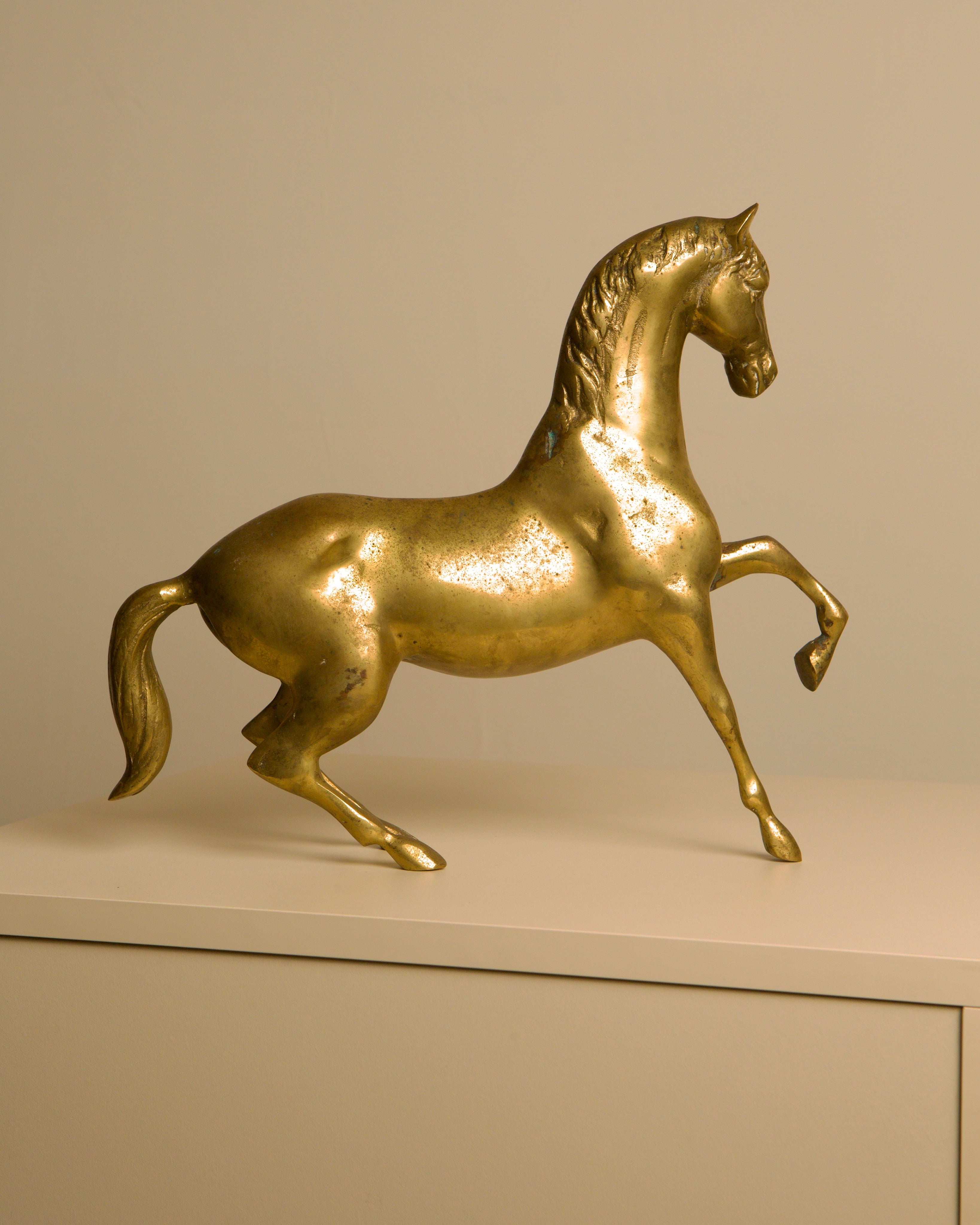 Golden brass horse sculpture in dynamic rearing pose, Italian 1960s