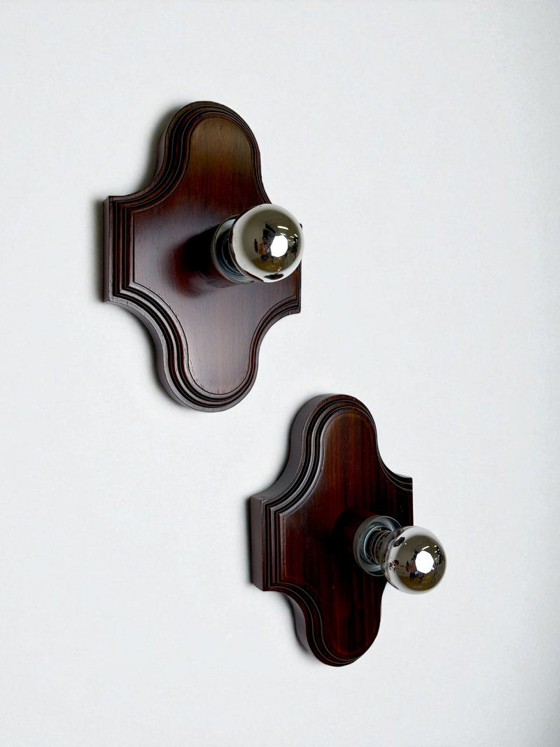 Pair of Geometric Art Deco Wall Lights, Carved wood, France, 1960s — lifestyle setting