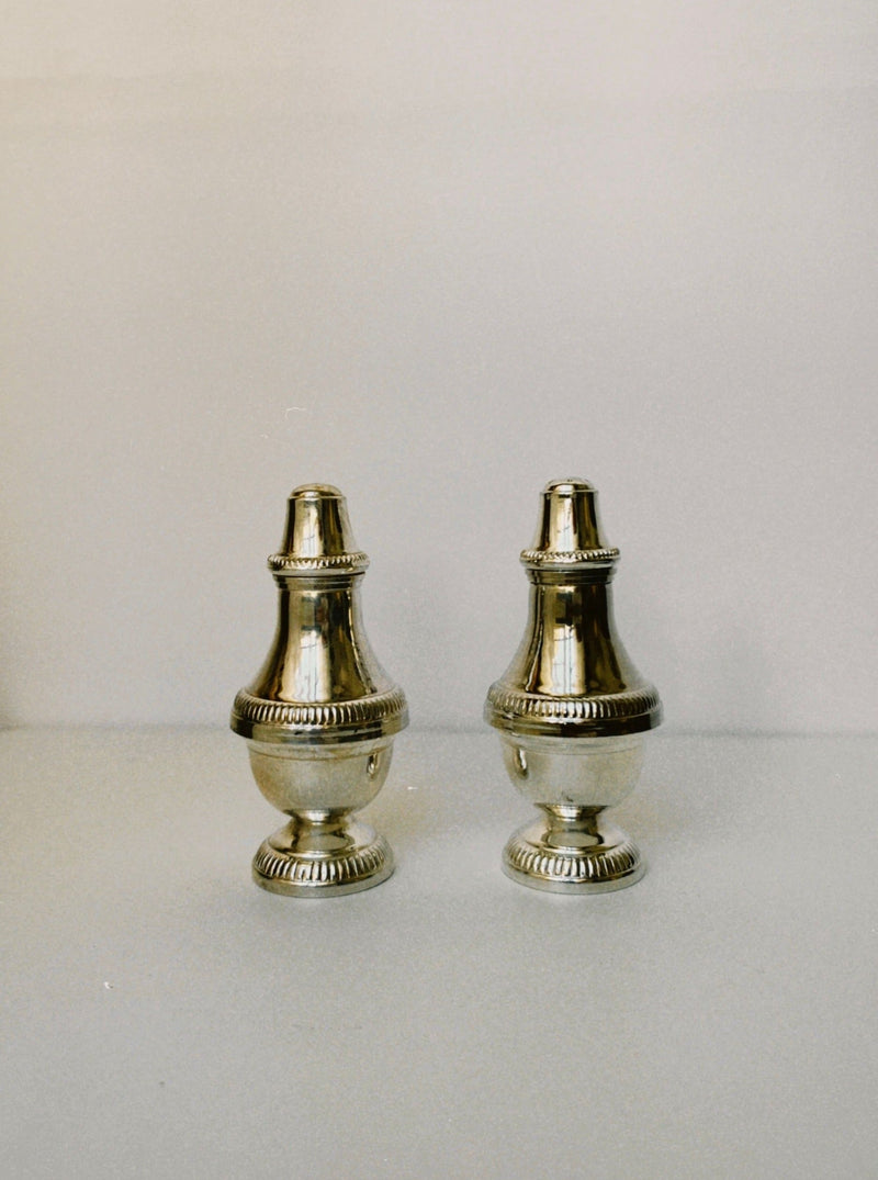 The Manushi Silver Salt & Pepper shakers, featuring ornate detailing, stand side by side against a plain light background.