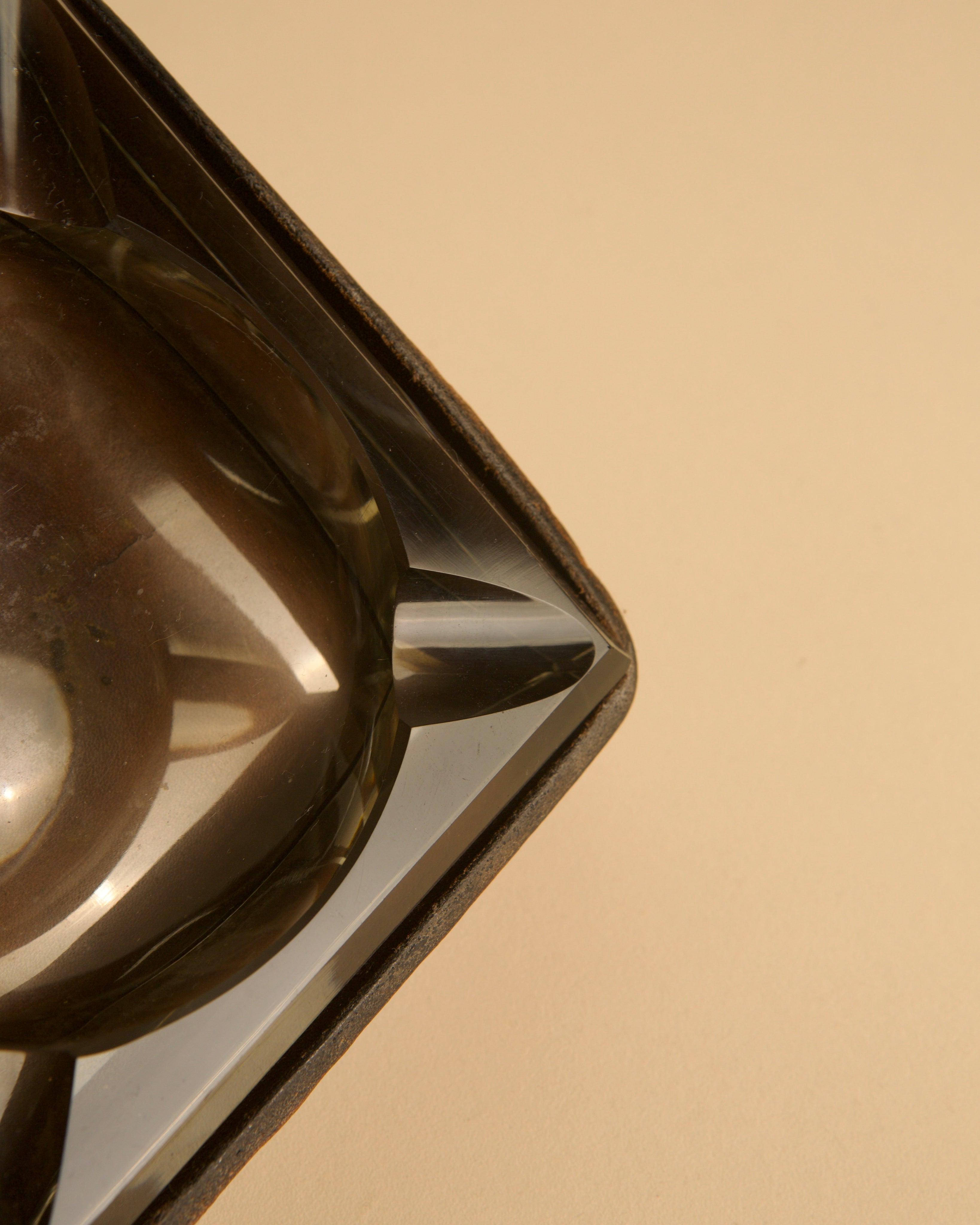 Italian Ashtray in Crystal and Leather 60's — angled view highlighting crystal facets