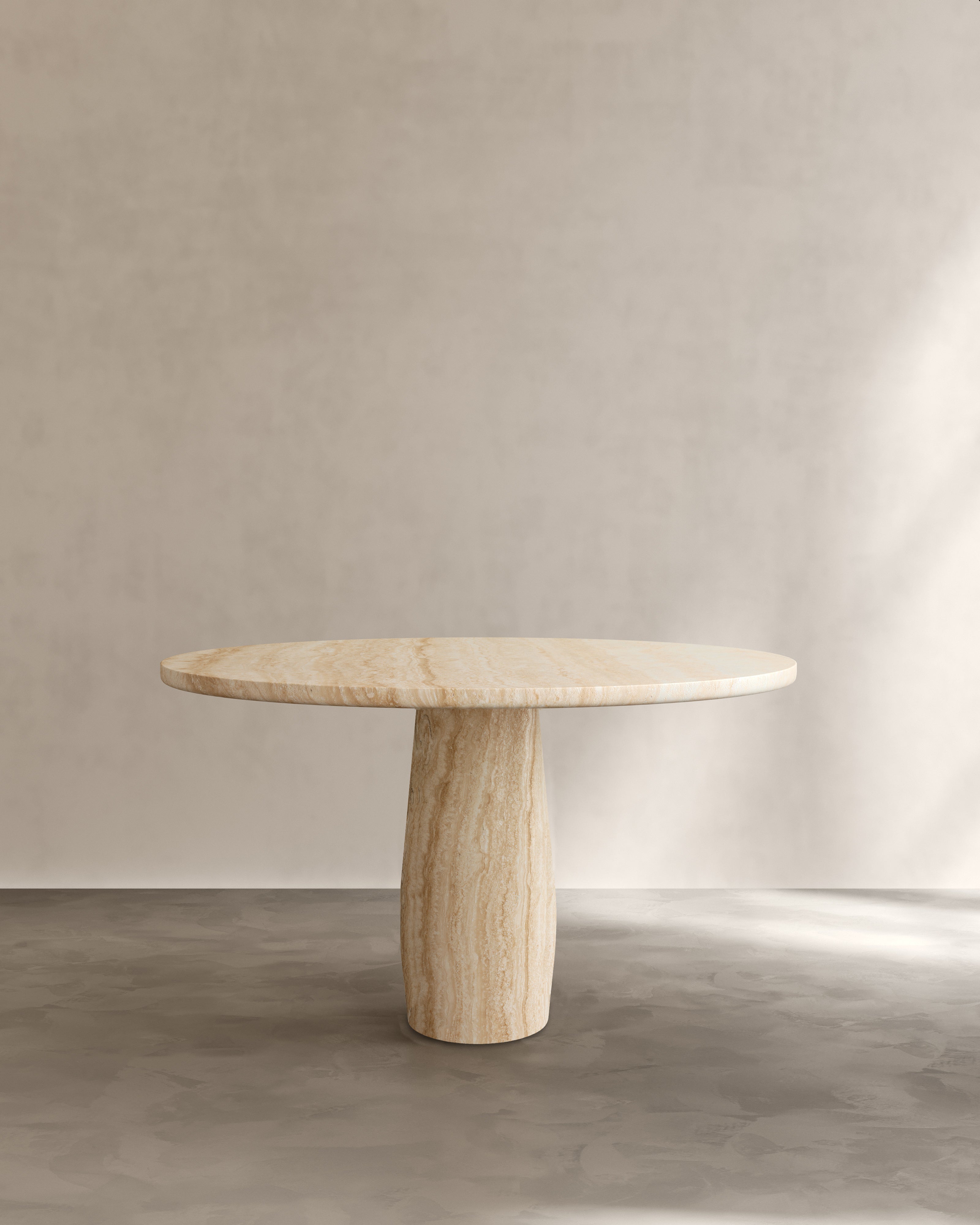 Raffaella Table II — close-up of round travertine top