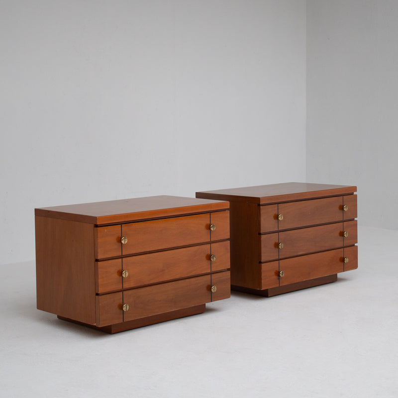 Set of Mid Century Nightstands in Wood — close-up of wooden surface and brass handles