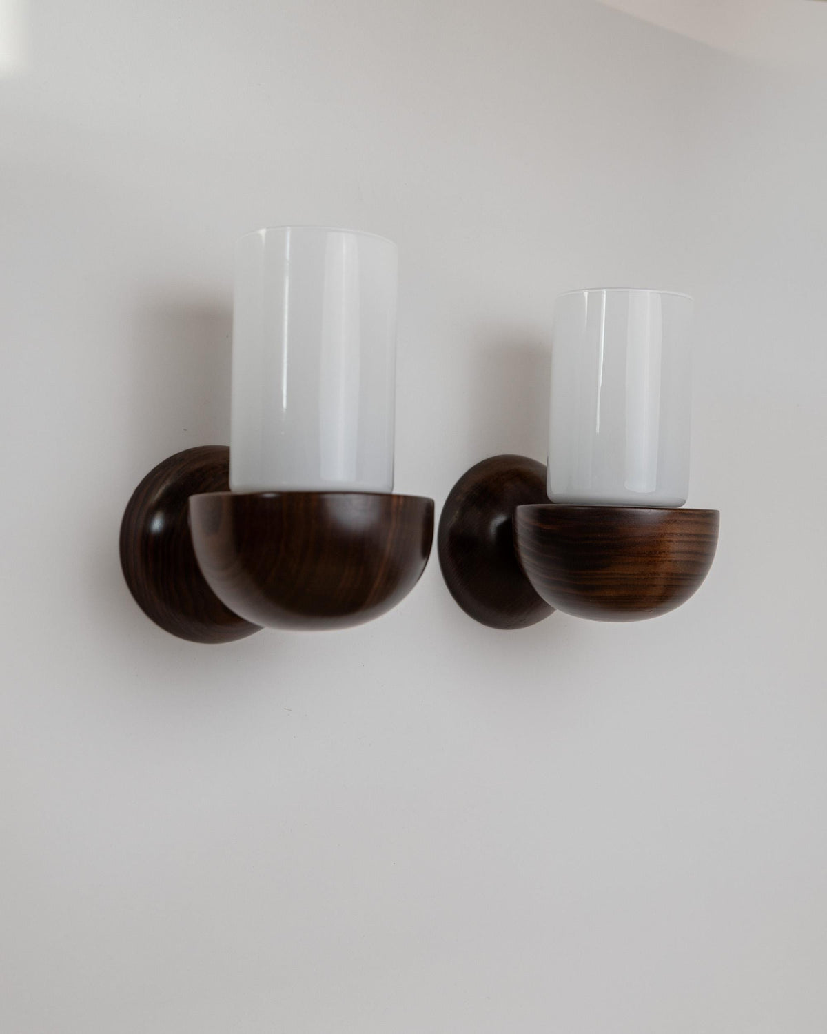 Vintage 1960s Wall Lamps Set of 2, Dark Wood with White Glass Shades, Mid Century Modern Lighting, Sculptural Wall Sconces by Bottega Jacobs