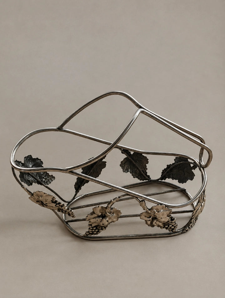 1970s French Vintage Godinger Silver-Plated Grape Leaf Wine Bottle Holder — lifestyle setting