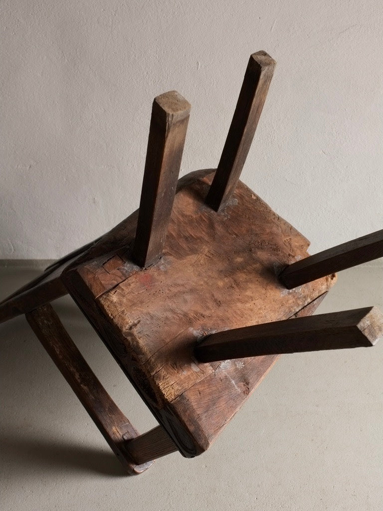 Antique Primitive Carved Oak Arm Chair, Belgium — top view of rustic oak seat