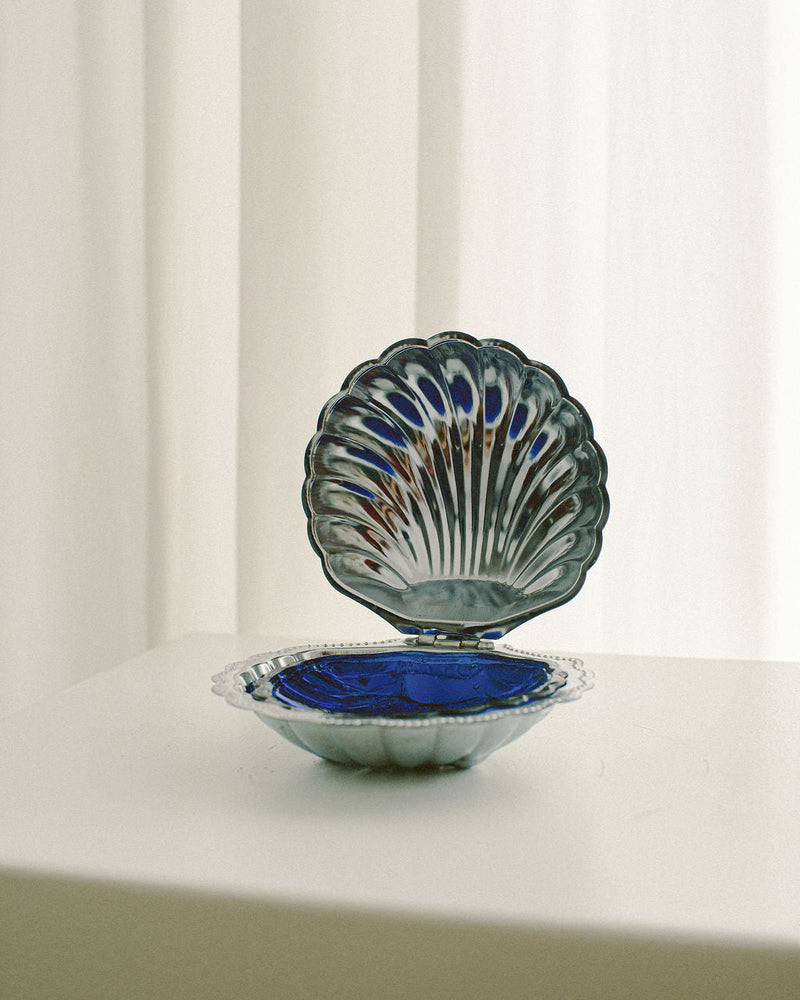 Silver-Plated Shell Butter Dish by Arcā Collections | The Oblist — cobalt blue insert, artisan design