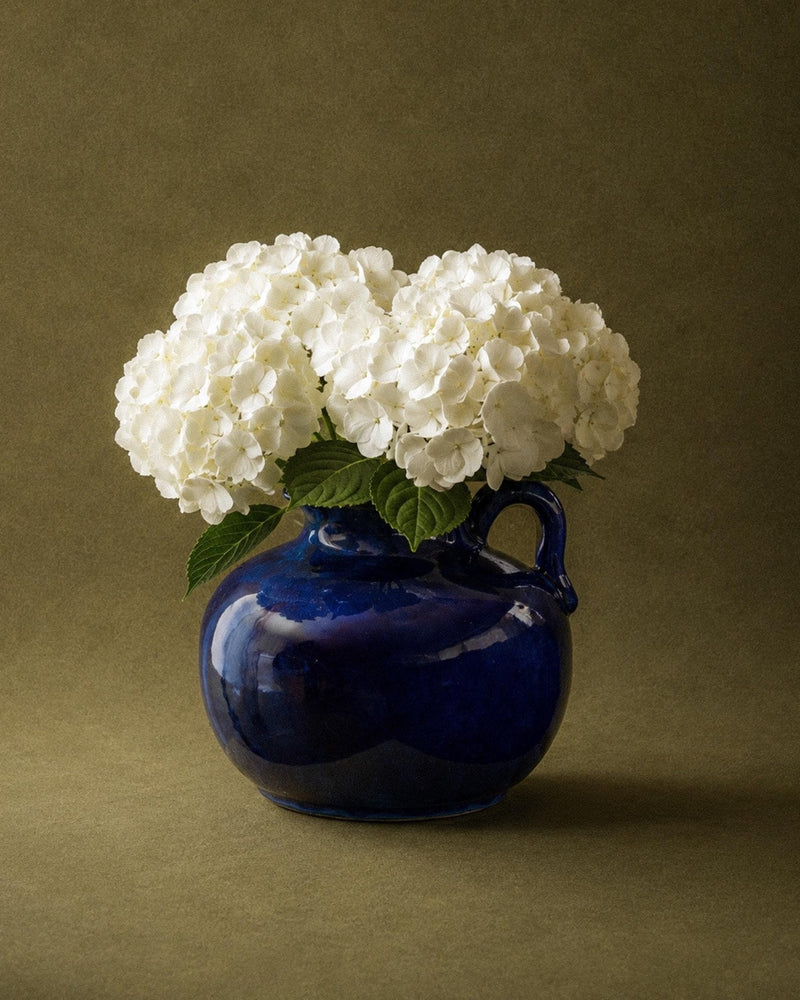Vintage 1960s Large Ceramic Jug Vase, Royal Blue Glazed Round Form with Handle, Oversized Flower Vase, Mid Century Home Decor,  Gift Idea — detail view