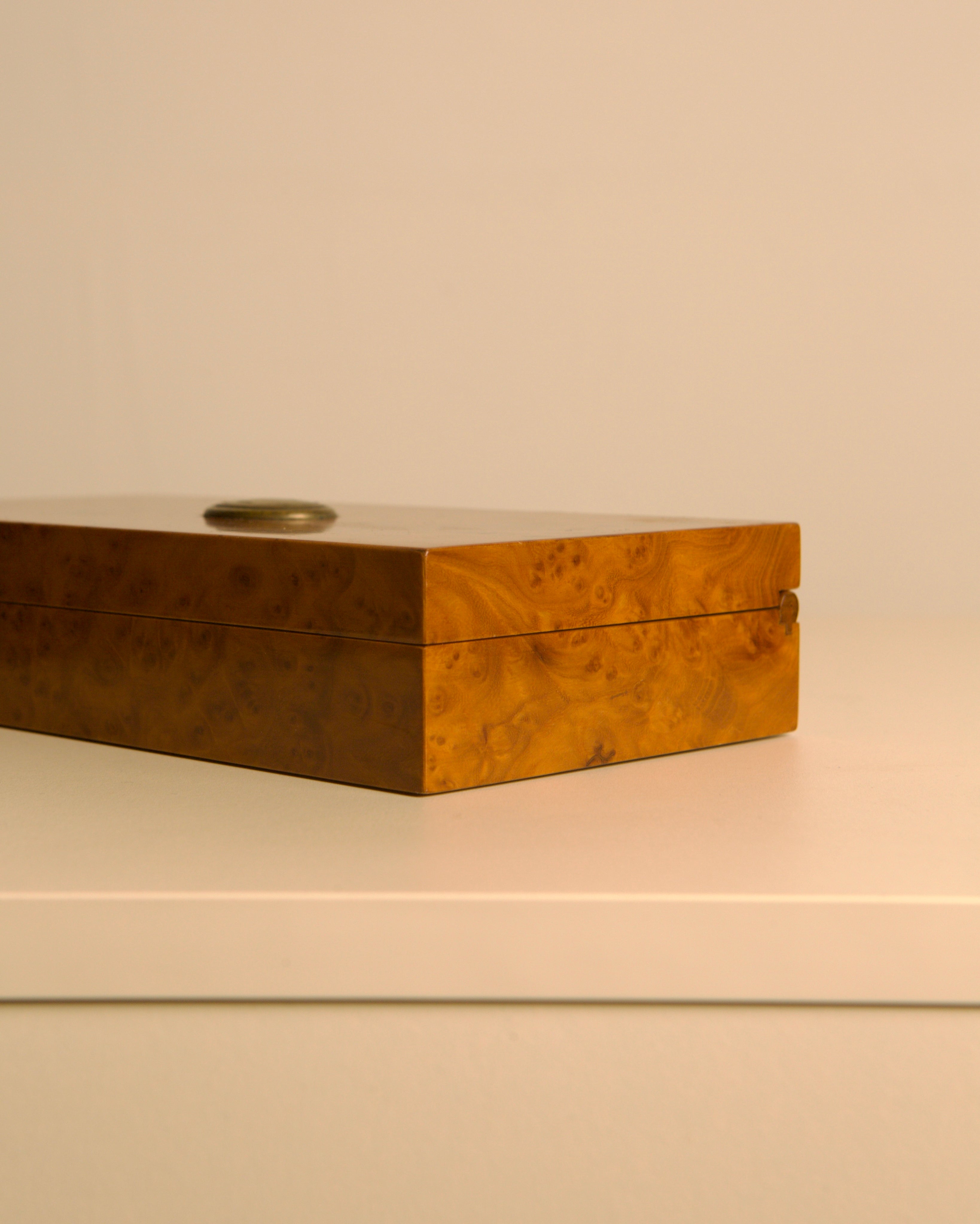 Italian Rectangular Burr Elm and Silver Box, 60s — back view on white surface