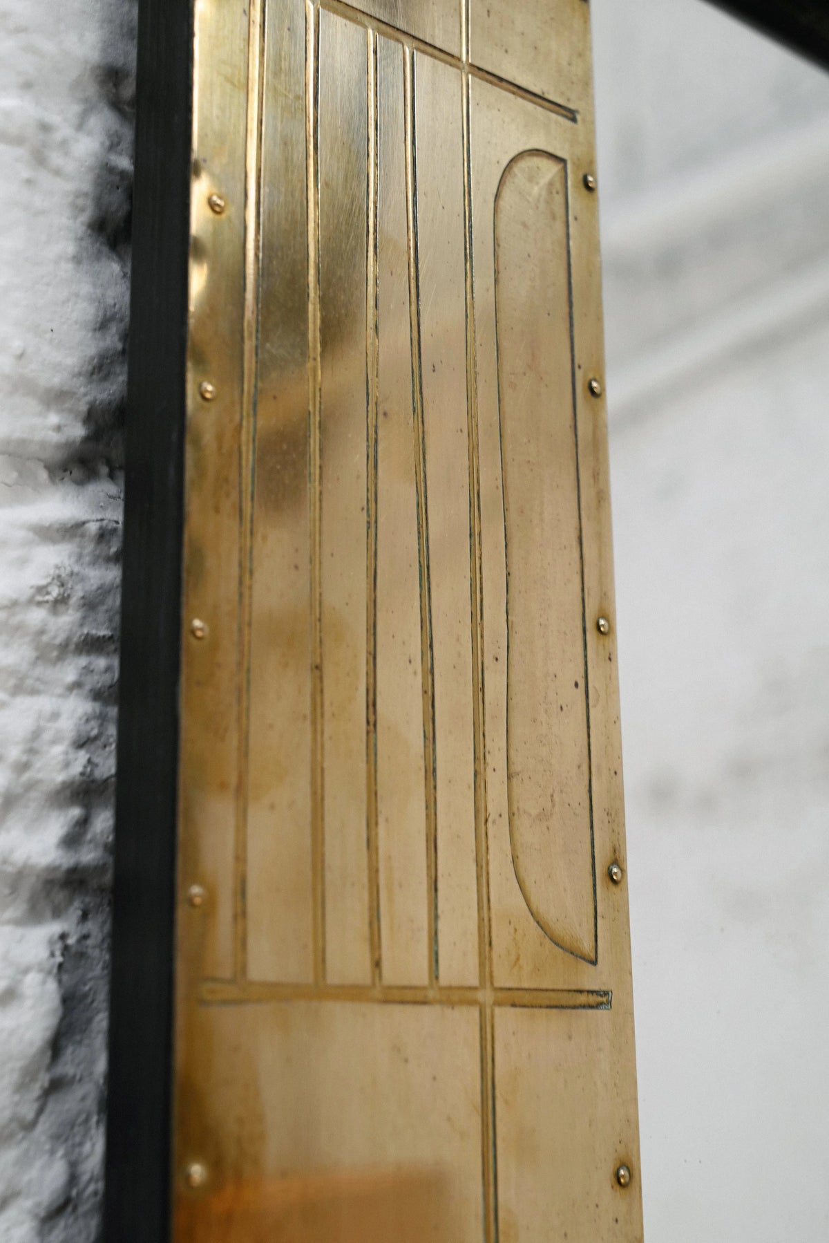 Jean Blazy Sculptural Etched Brass Mirror, France, 1970s — lifestyle setting