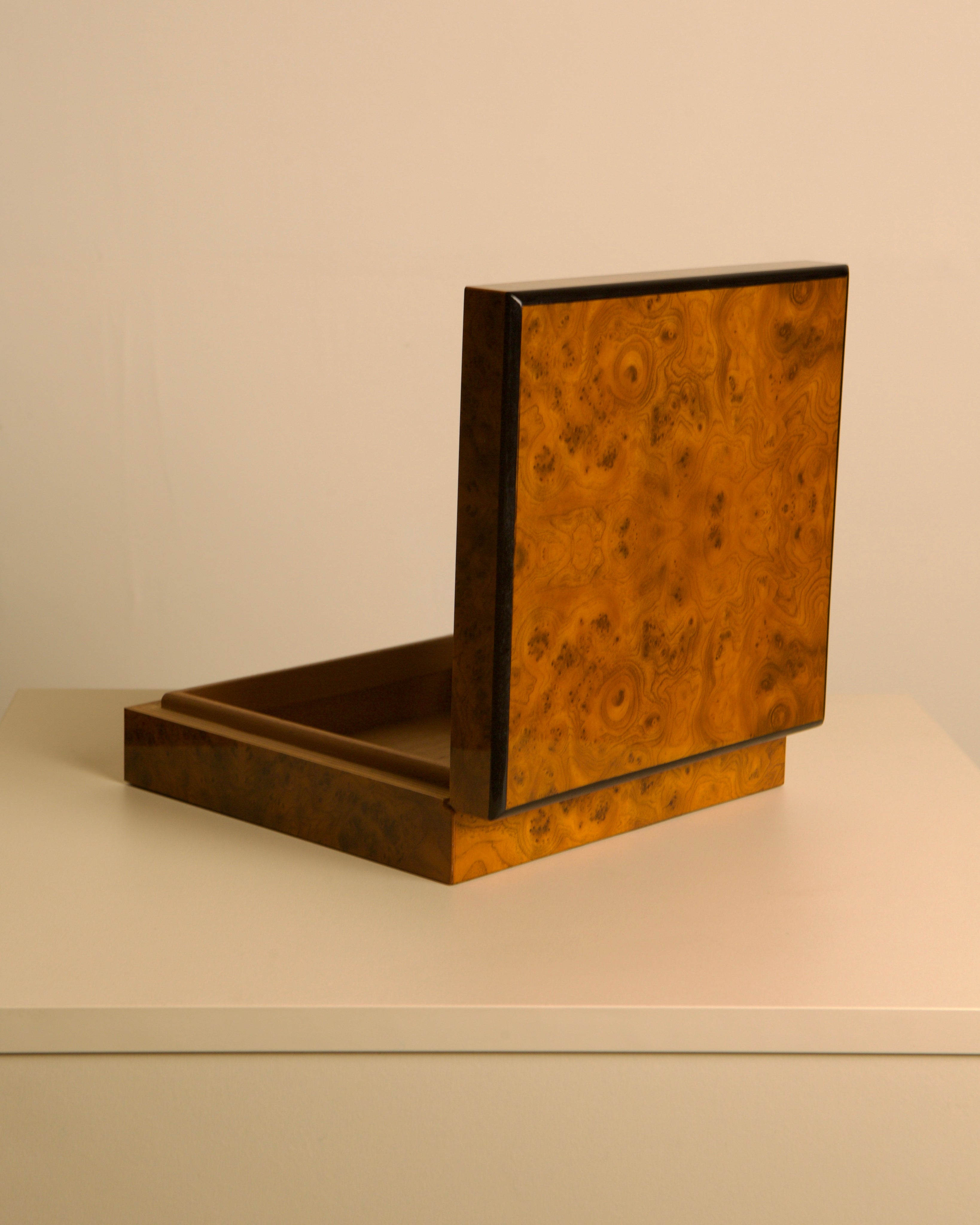 Large Italian Light Brown Elm Wood Box 60s — top view with open lid