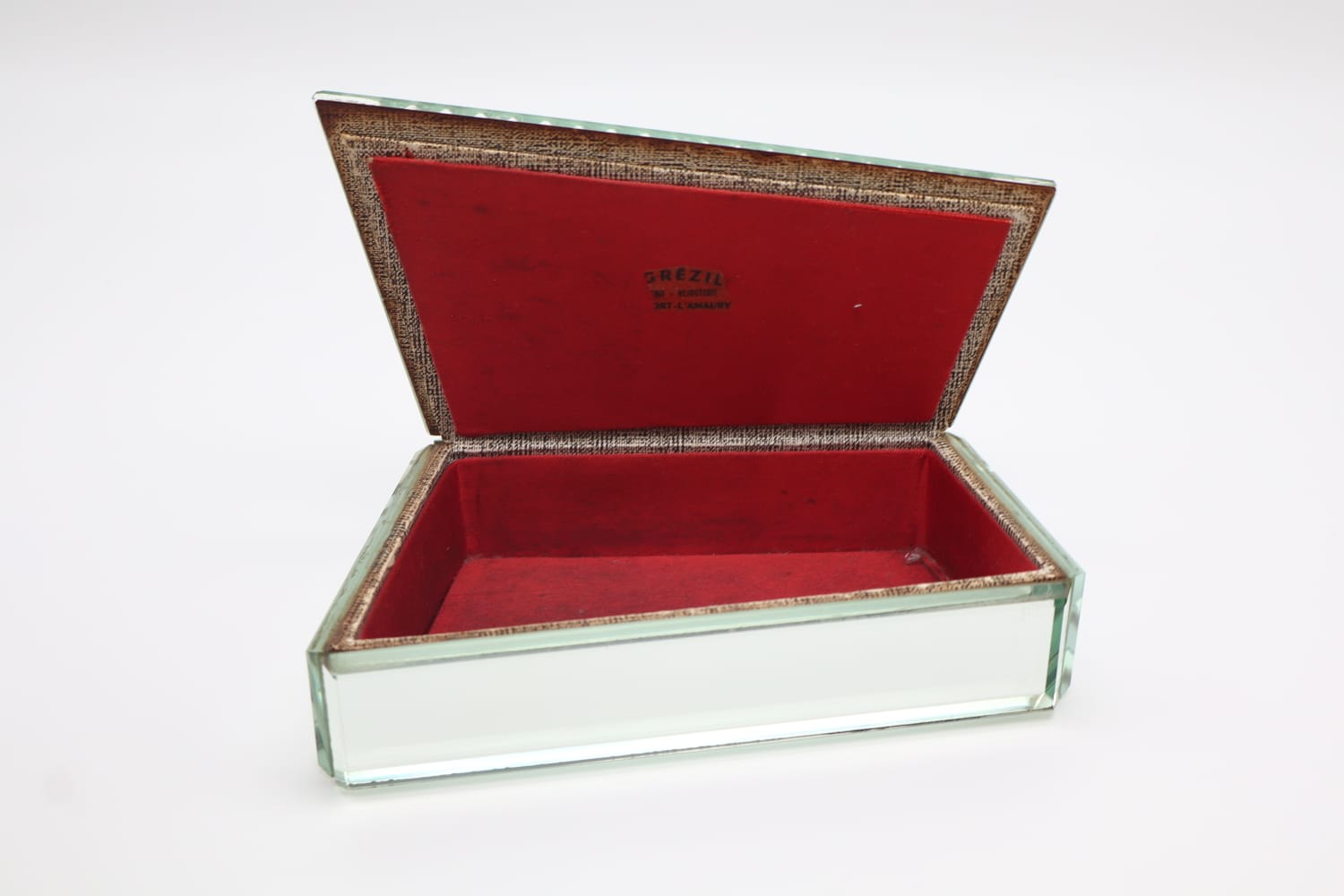 Vintage Art Deco Style Mirrored Glass Jewelry Box 1950s — detail view