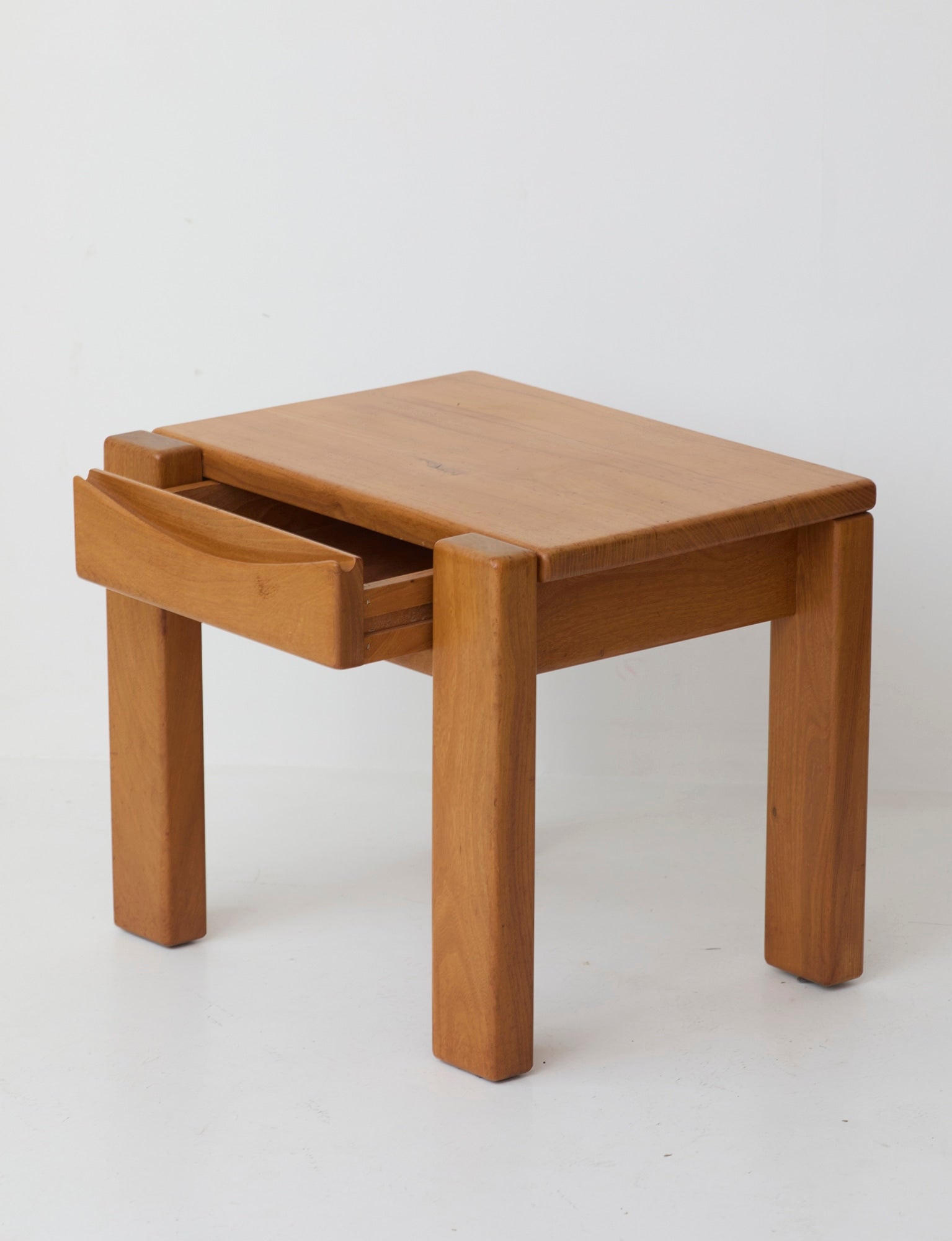 Minimalist Solid Elm Bedside Table with Drawer by Maison Regain, France, 1980s — in context