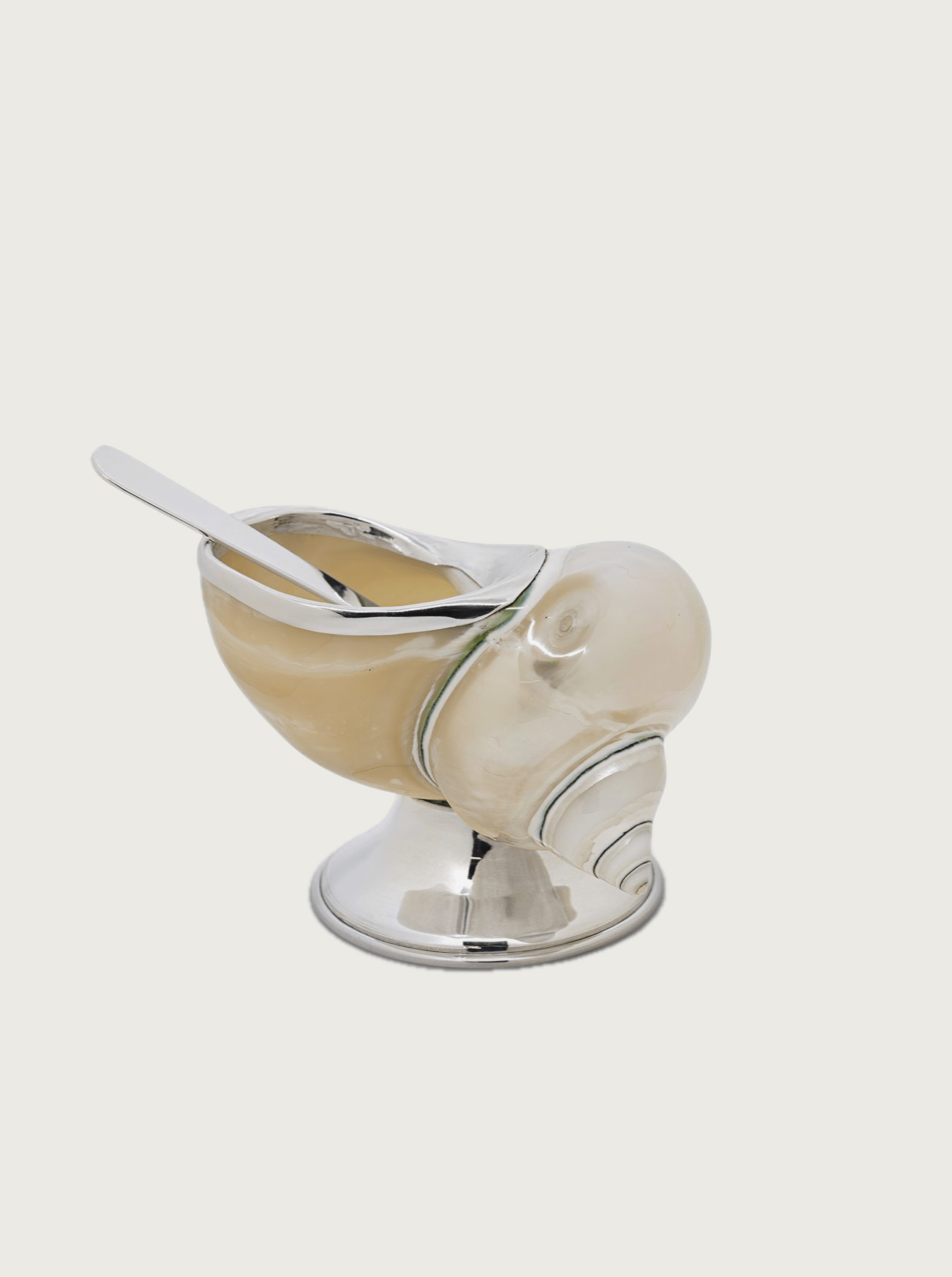 The Tavares 1922 Shell Sugar Bowl, with its sleek silver finish and modern curved design, brings elegance to any tabletop. Presented with a matching spoon, it stands out beautifully against a white background.