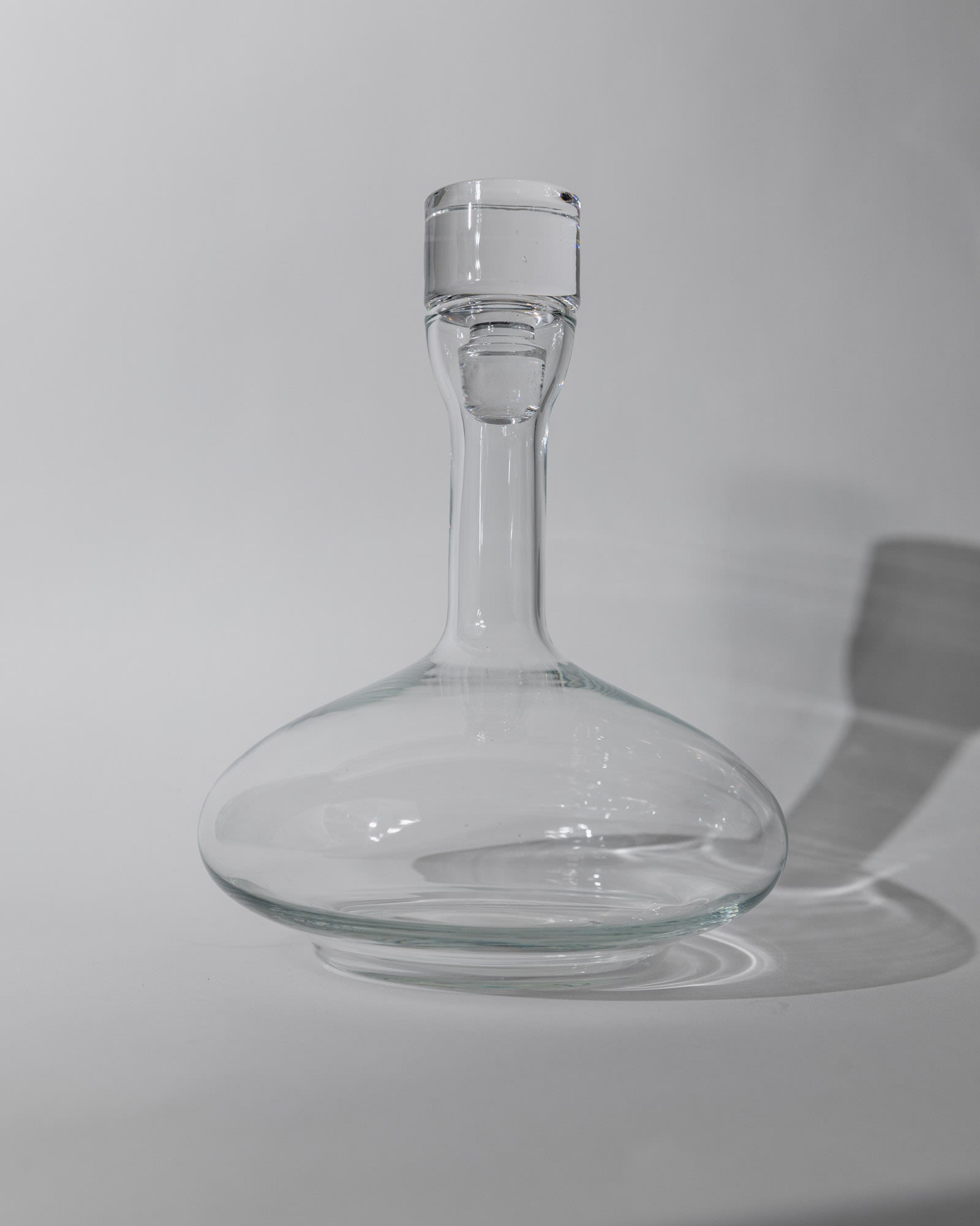Vintage 1980s Glass Decanter, Italian Glass Ware with Glass Stopper — top view highlighting clear glass design