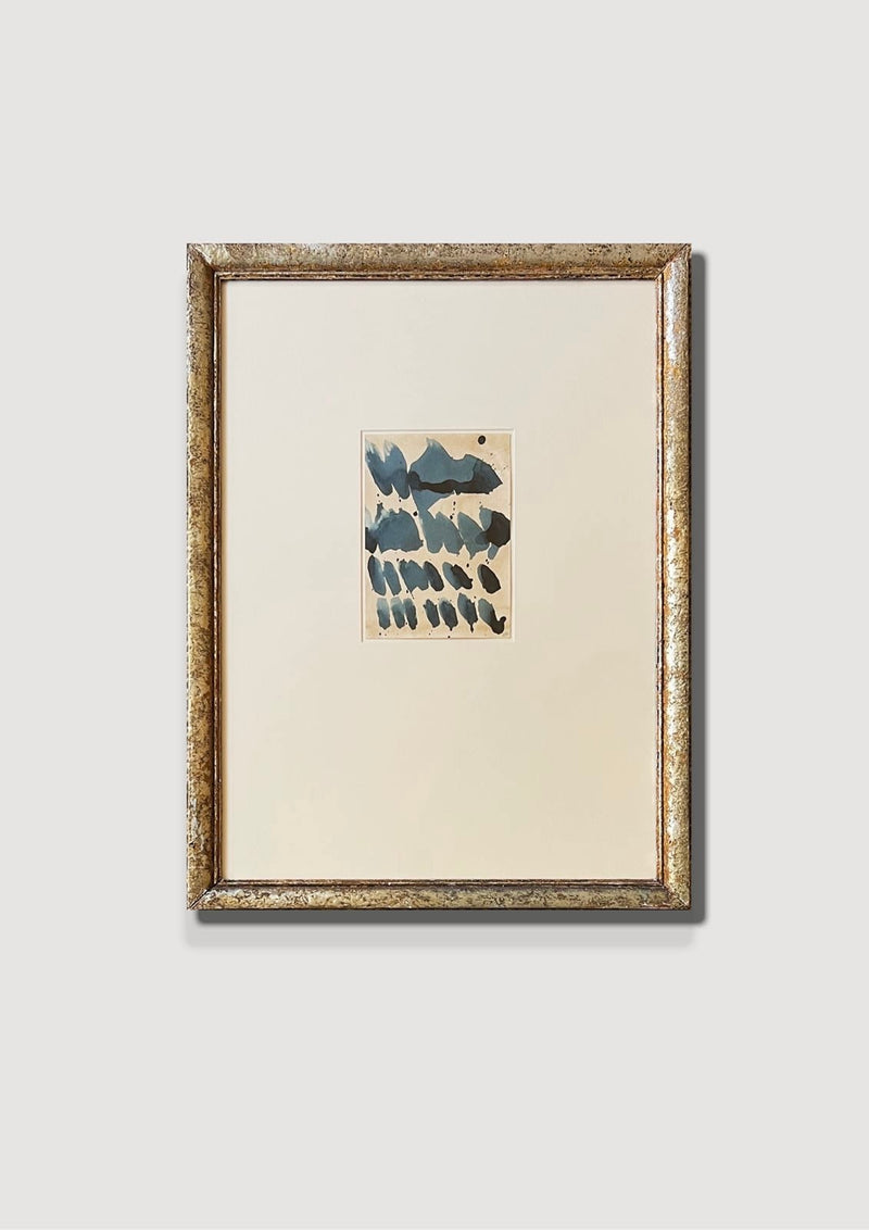 Sand and Ink Abstract on Paper in Large Antique Frame — close-up of dark blue ink patterns