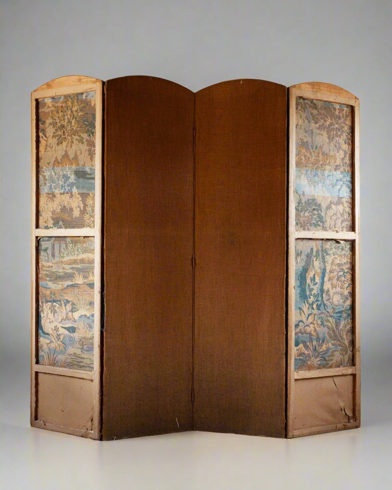 French four-panel Aubusson tapestry screen with verdure scenes