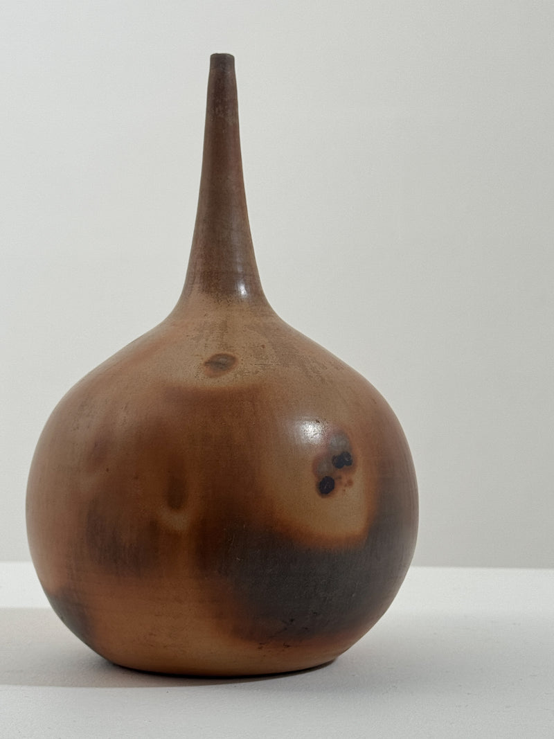 Brown ceramic soliflore vase with long tapered neck by Pierre Bayle