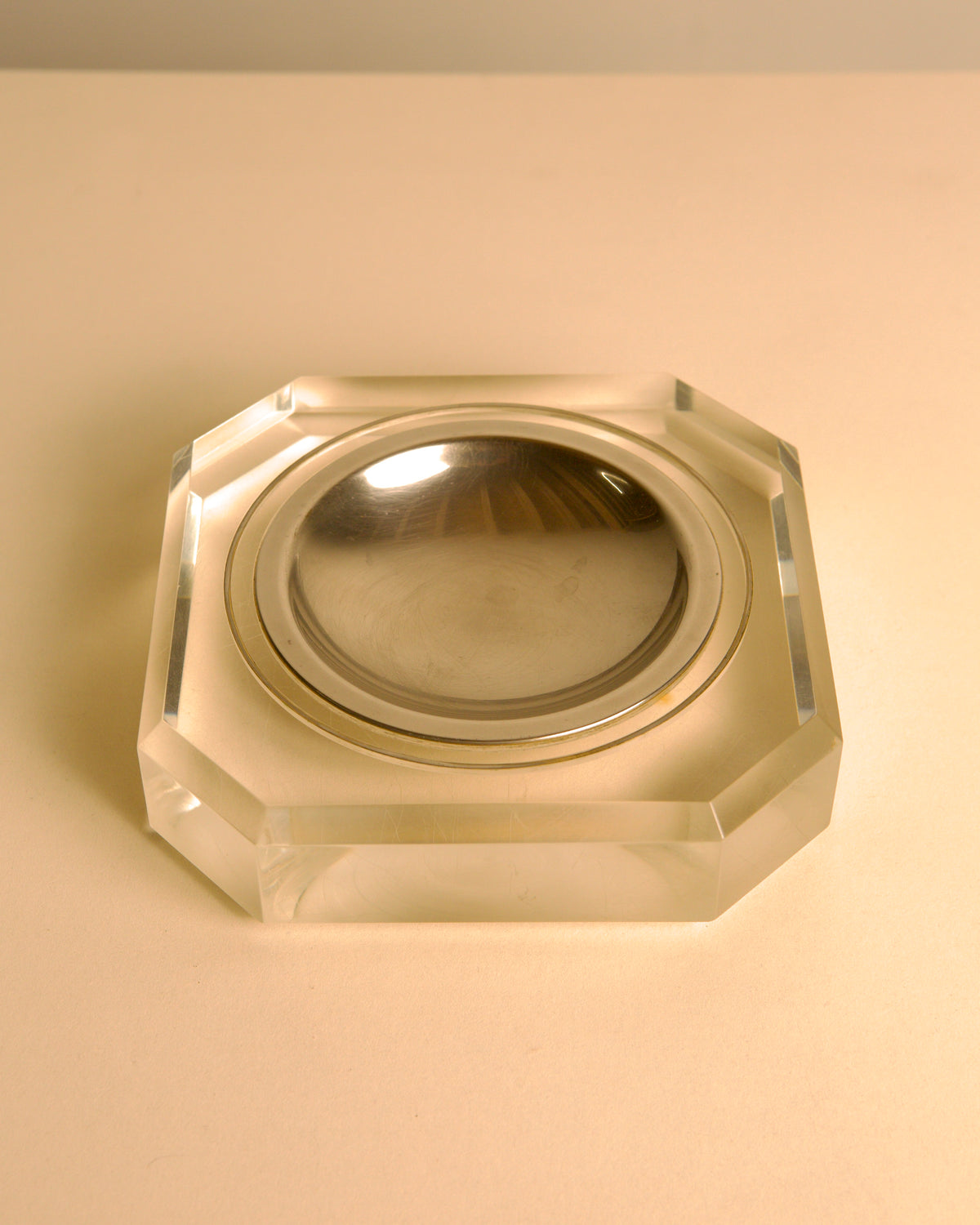 Italian octagonal metal and Lucite catch-all, 1970s — detail view