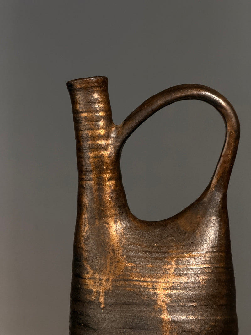Large Stoneware Pitcher by Bernadette Sulmont, France, circa 1960 — close-up of textured brown surface