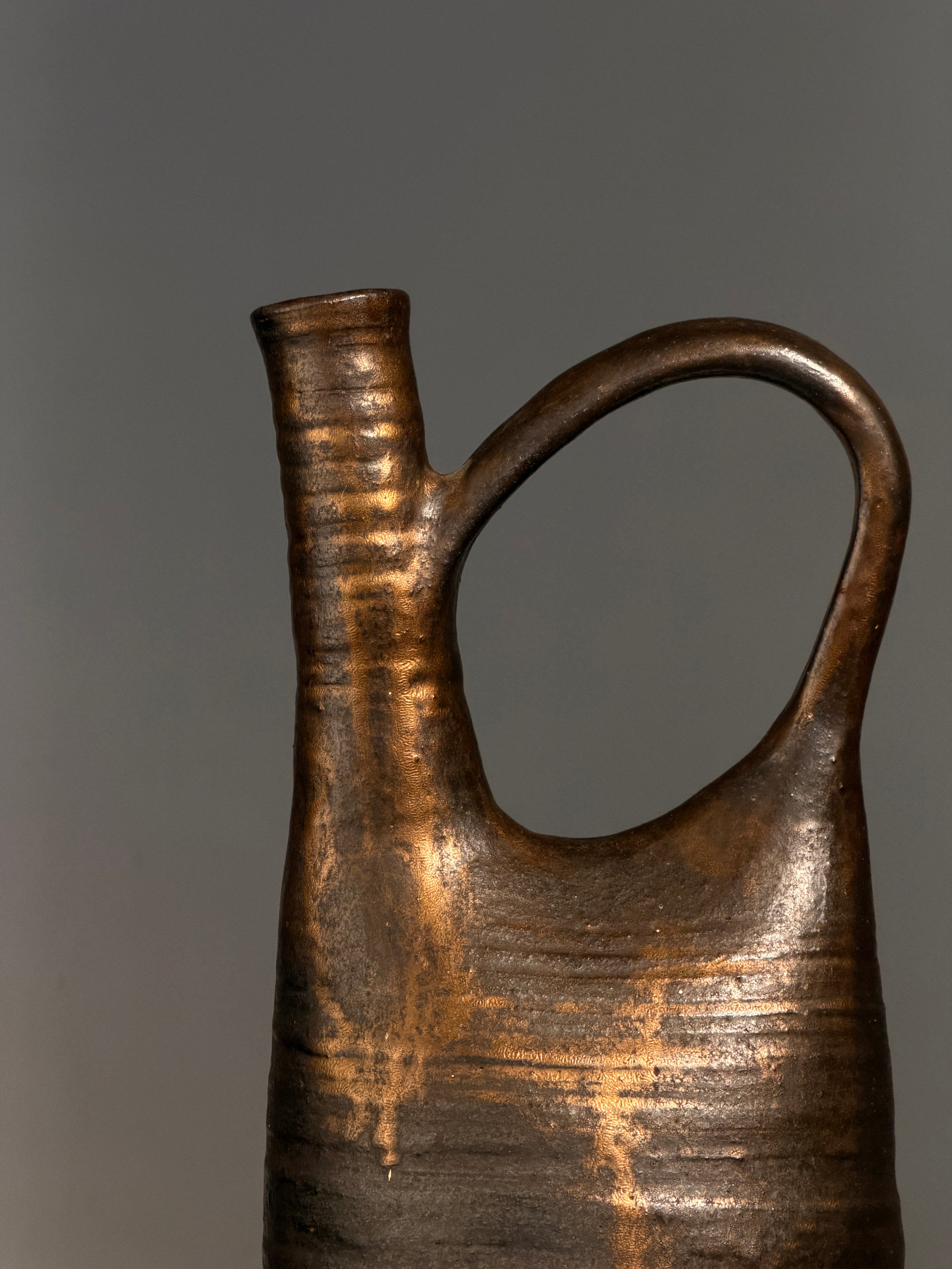 Large Stoneware Pitcher by Bernadette Sulmont, France, circa 1960 — close-up of textured brown surface