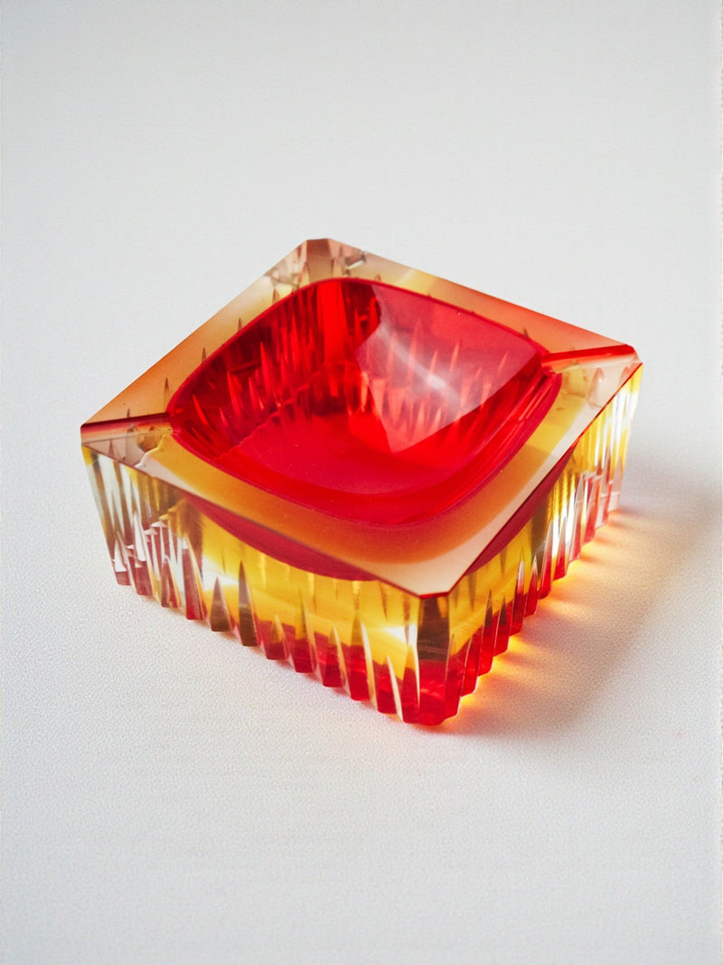 Red and yellow cubic Sommerso ashtray by Seguso, Murano, Italy, 1970 — close-up showing layered glass colors and texture