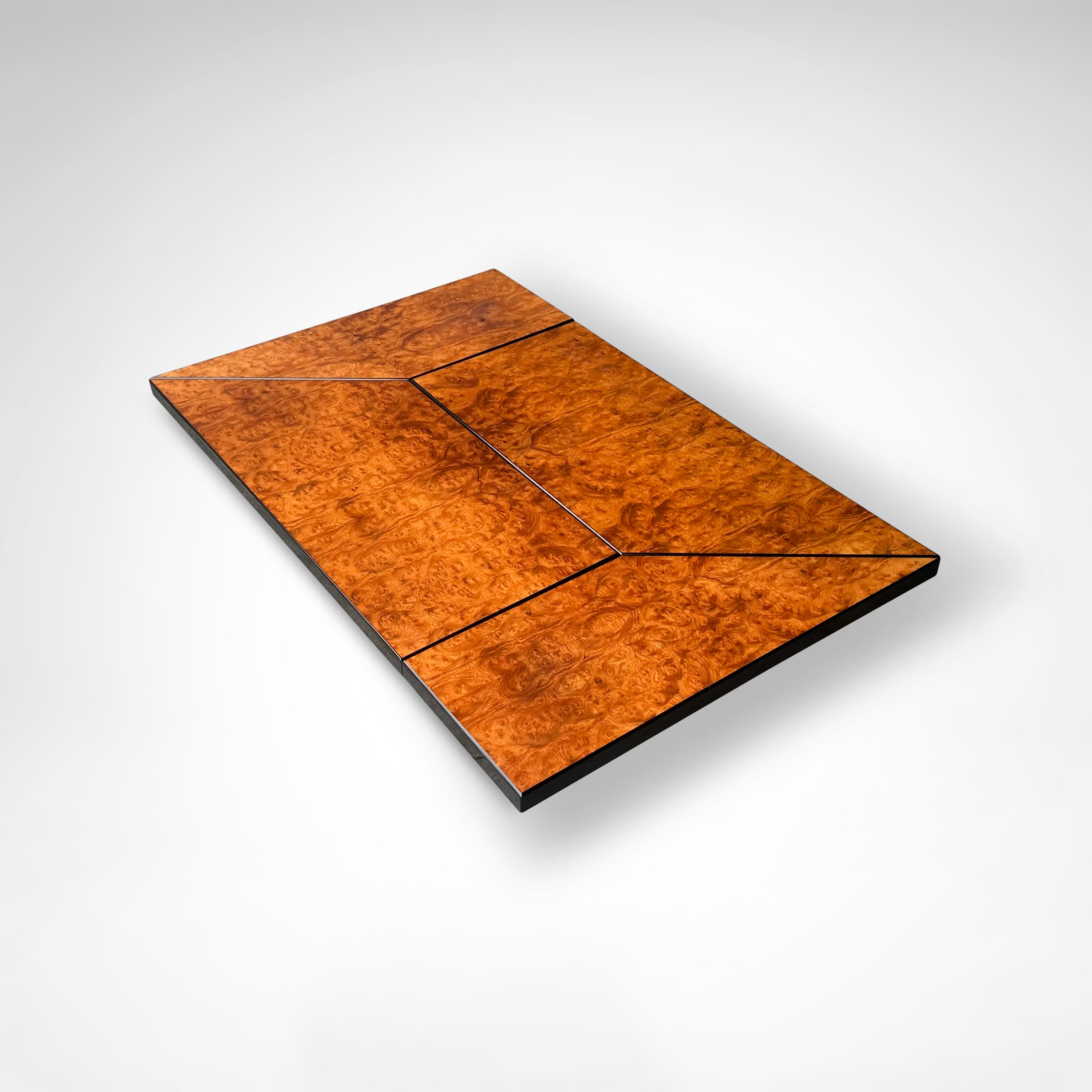 Burl wood coffee table with bar by Paul Michel for Roche Bobois 1980s — top view highlighting rich wood grain texture