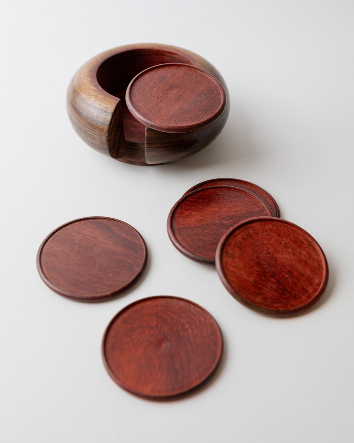 Vintage 1960s Italian Wooden Coaster Set, Dark Wood Drink Coasters, Classic Mid Century Tableware, Rustic Barware, Table Accent, Gift Idea — lifestyle setting